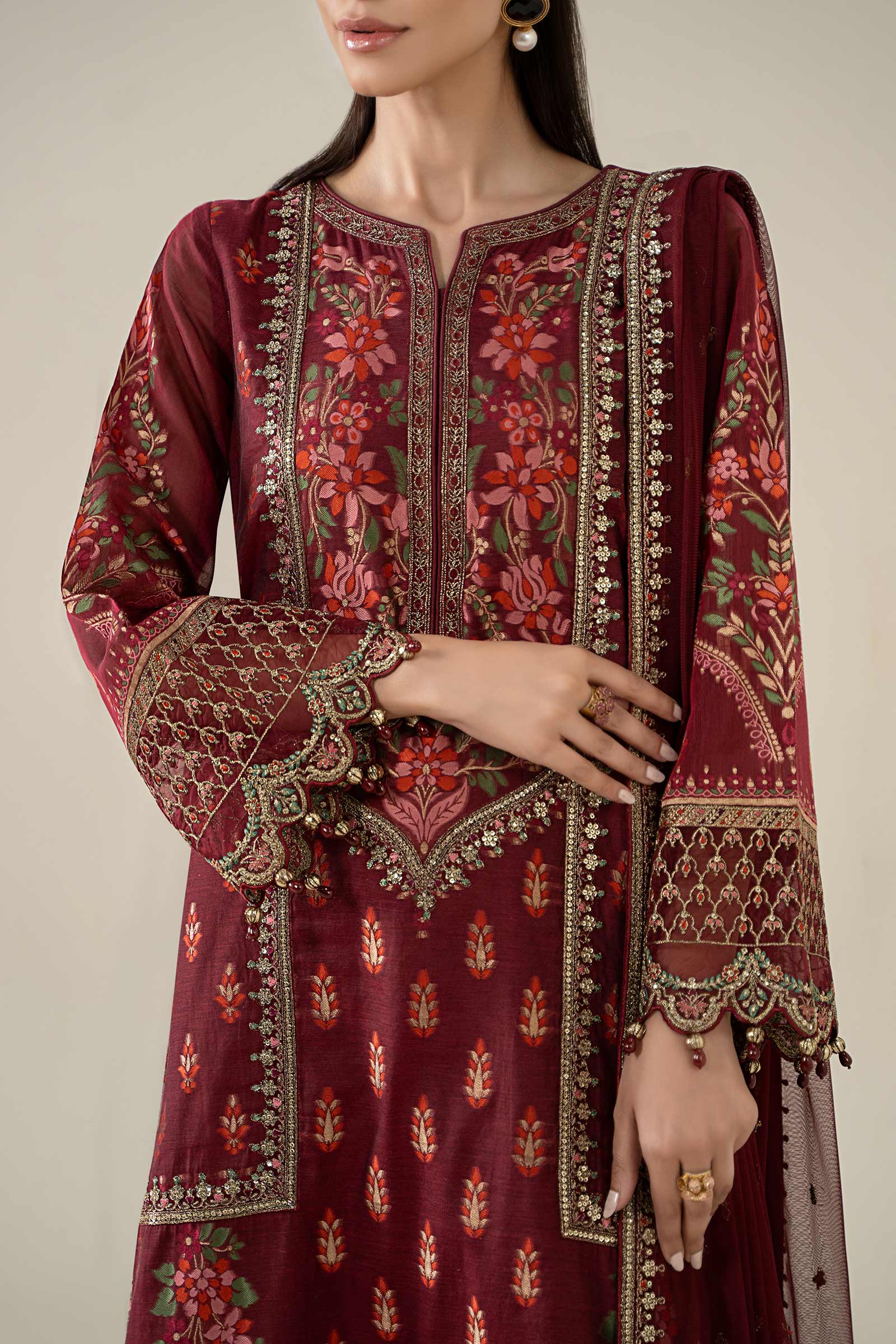 Red Jacquard Embroidered Salwar Kameez (3-Piece) - Image 3