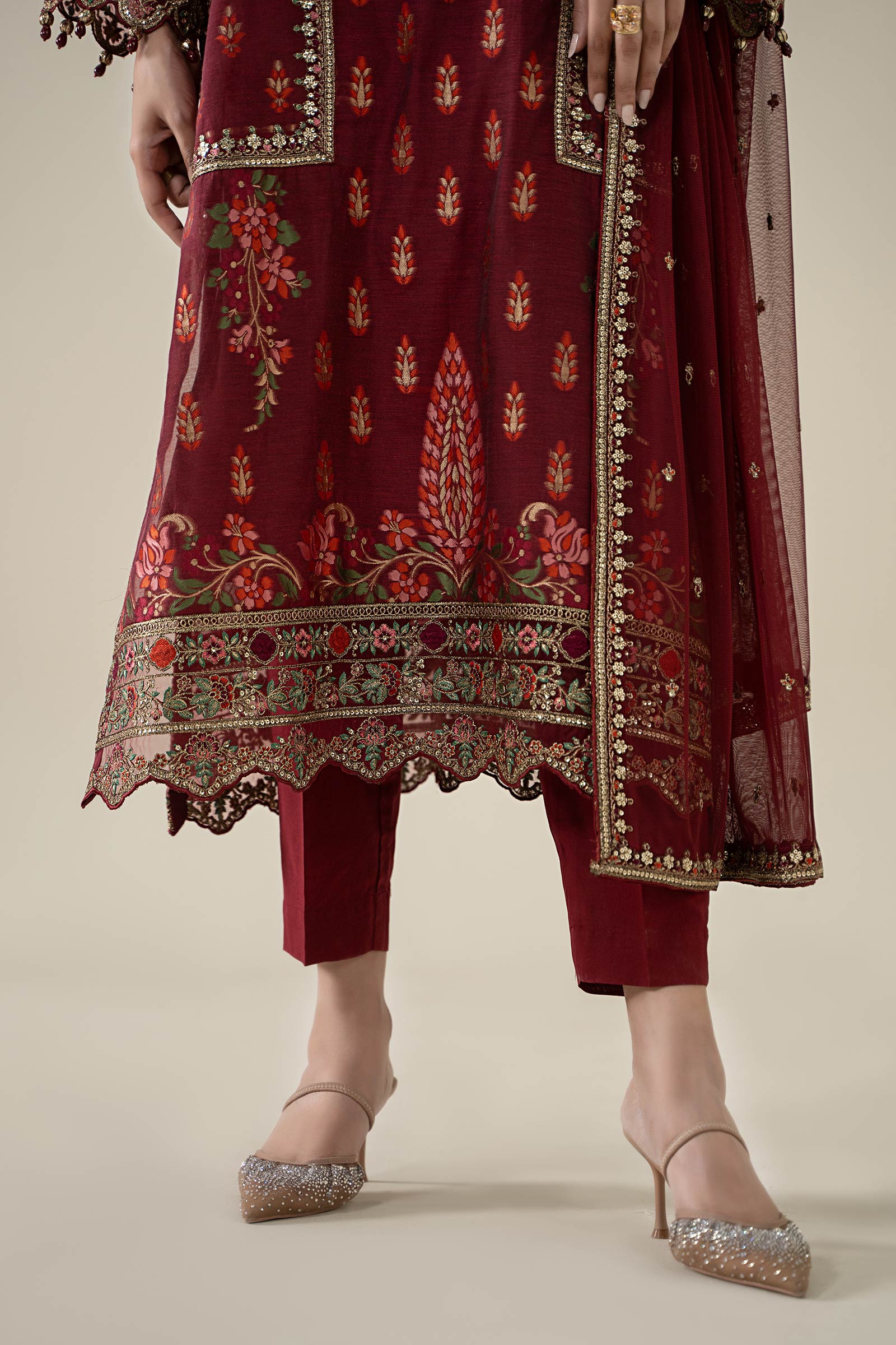 Red Jacquard Embroidered Salwar Kameez (3-Piece) - Image 5