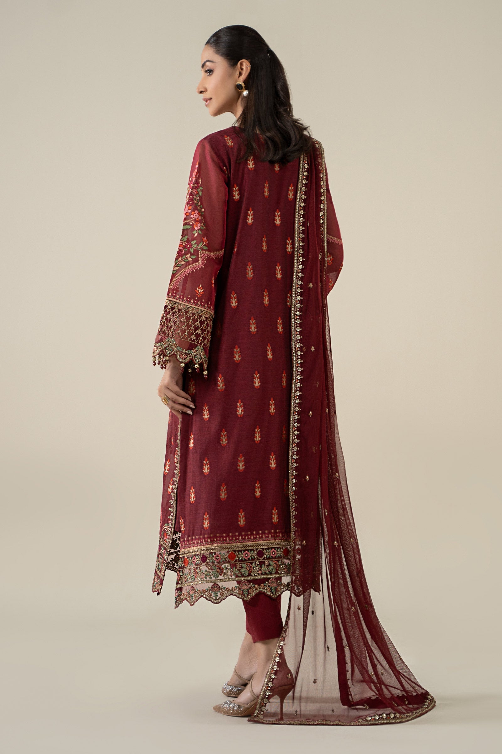 Red Jacquard Embroidered Salwar Kameez (3-Piece) - Image 7