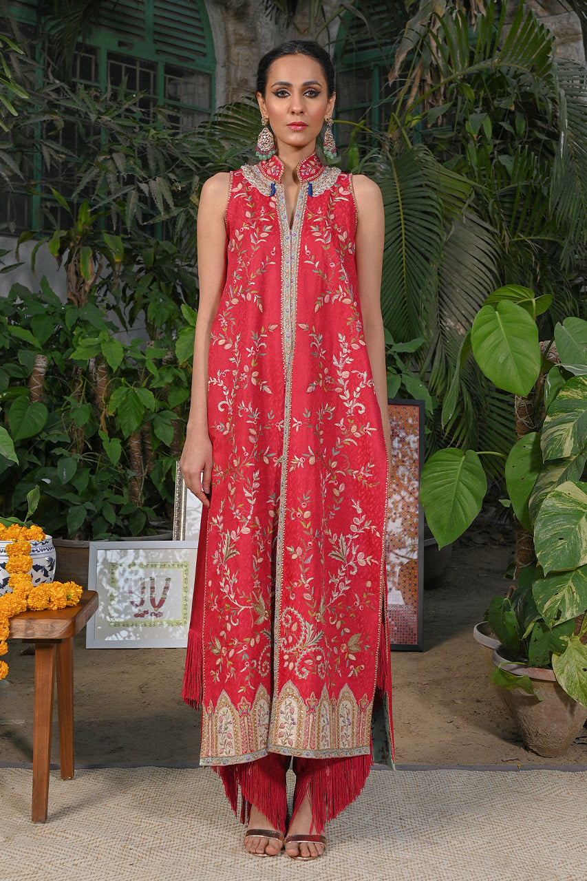 Pakistani Cherry Red Haath-Aari Jamawar Jacket Set (2-Piece) - Image 1