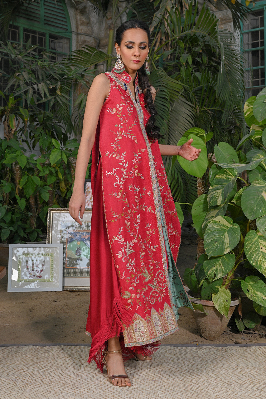 Pakistani Cherry Red Haath-Aari Jamawar Jacket Set (2-Piece) - Image 3