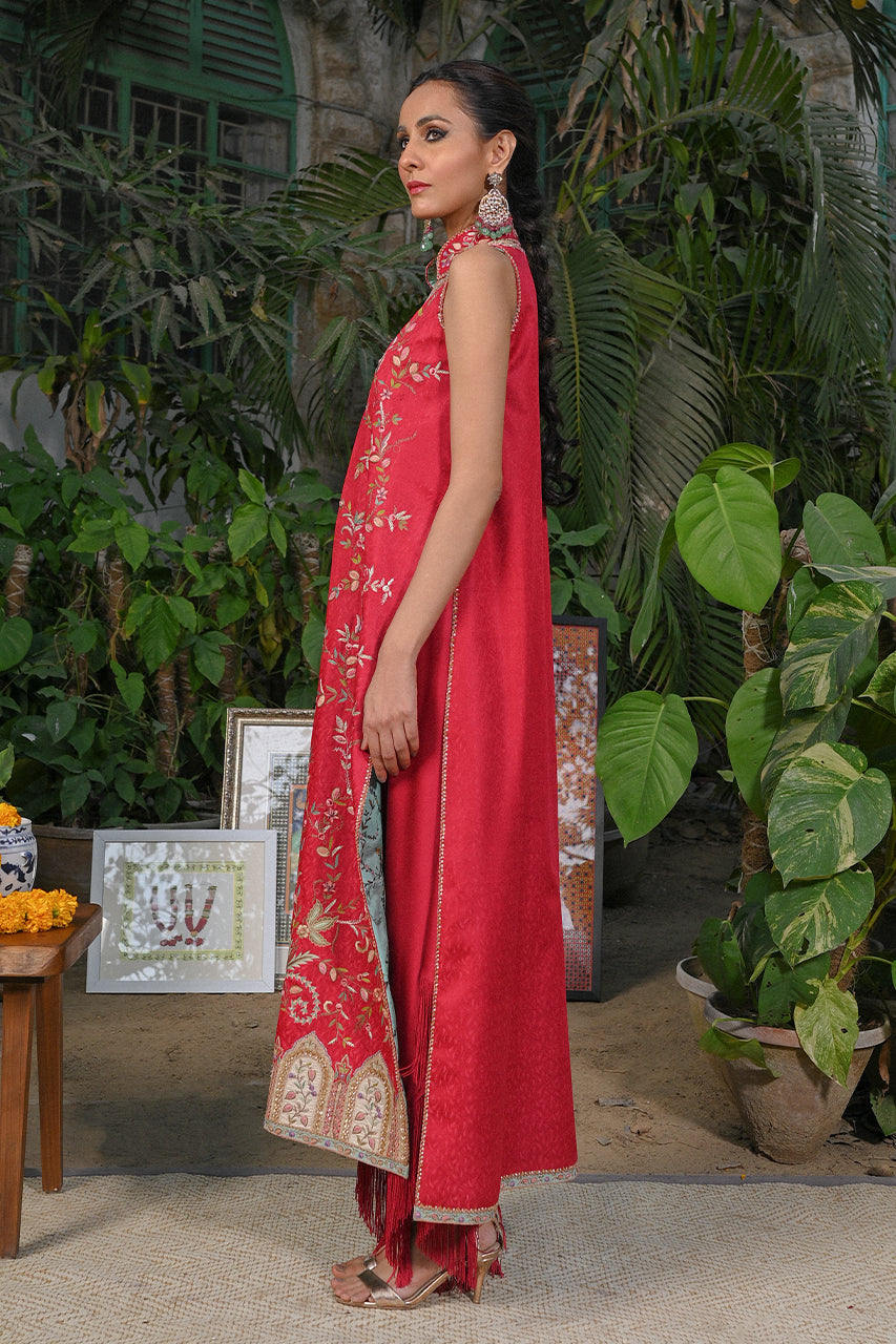 Pakistani Cherry Red Haath-Aari Jamawar Jacket Set (2-Piece) - Image 4