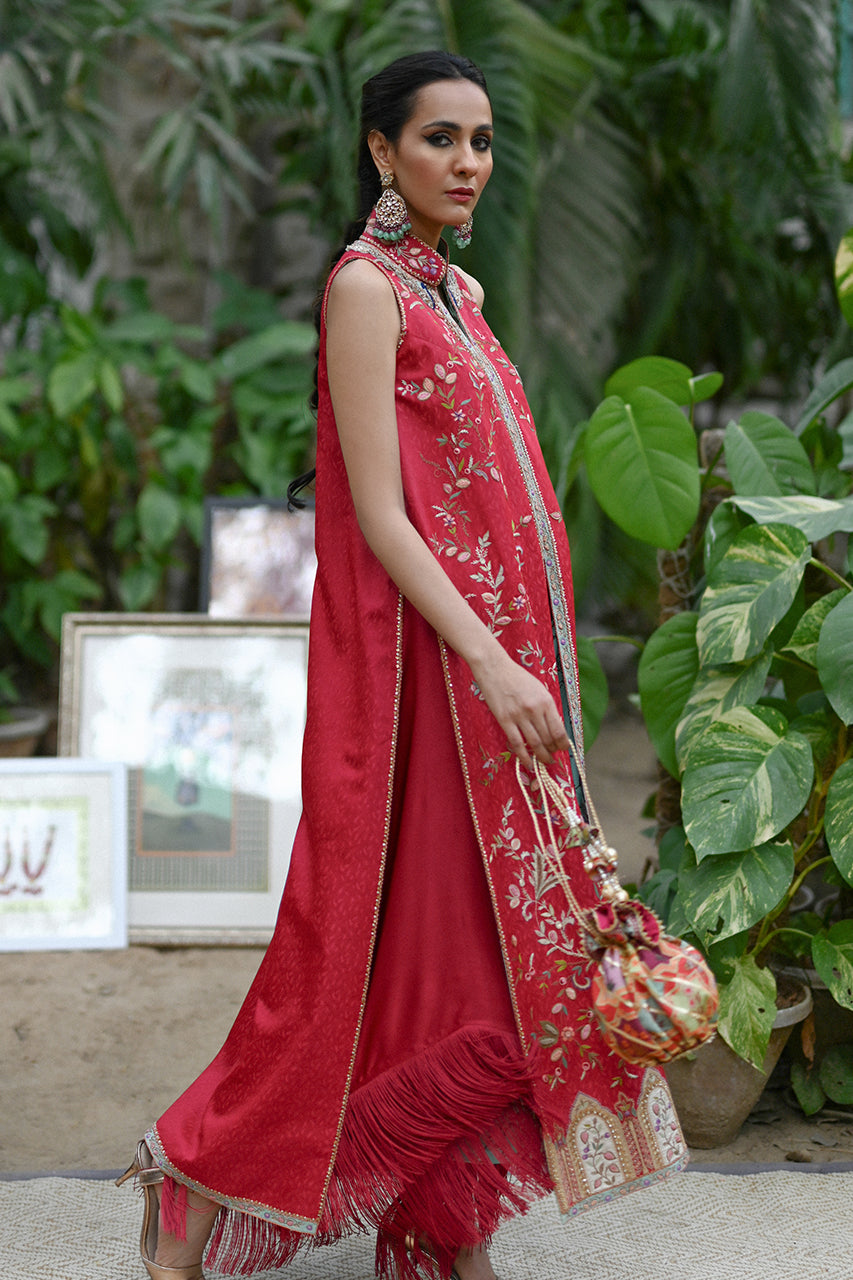Pakistani Cherry Red Haath-Aari Jamawar Jacket Set (2-Piece) - Image 5