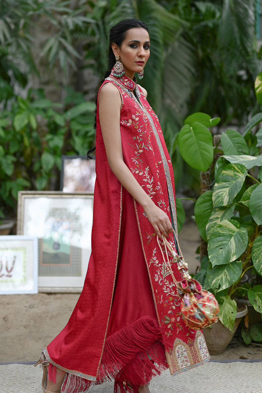 Pakistani Cherry Red Haath-Aari Jamawar Jacket Set (2-Piece) - Image 8