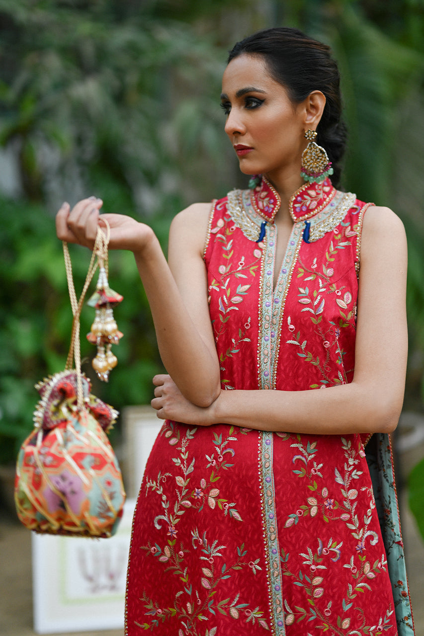 Pakistani Cherry Red Haath-Aari Jamawar Jacket Set (2-Piece) - Image 9