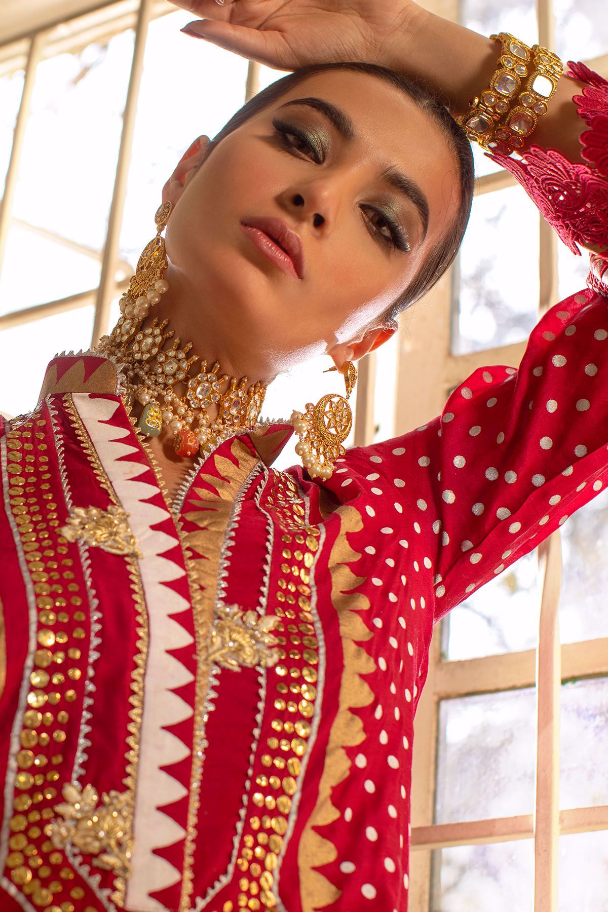 Pakistani Scarlet Kaamdani Khaadi Silk Salwar Kameez (3-Piece) - Image 3