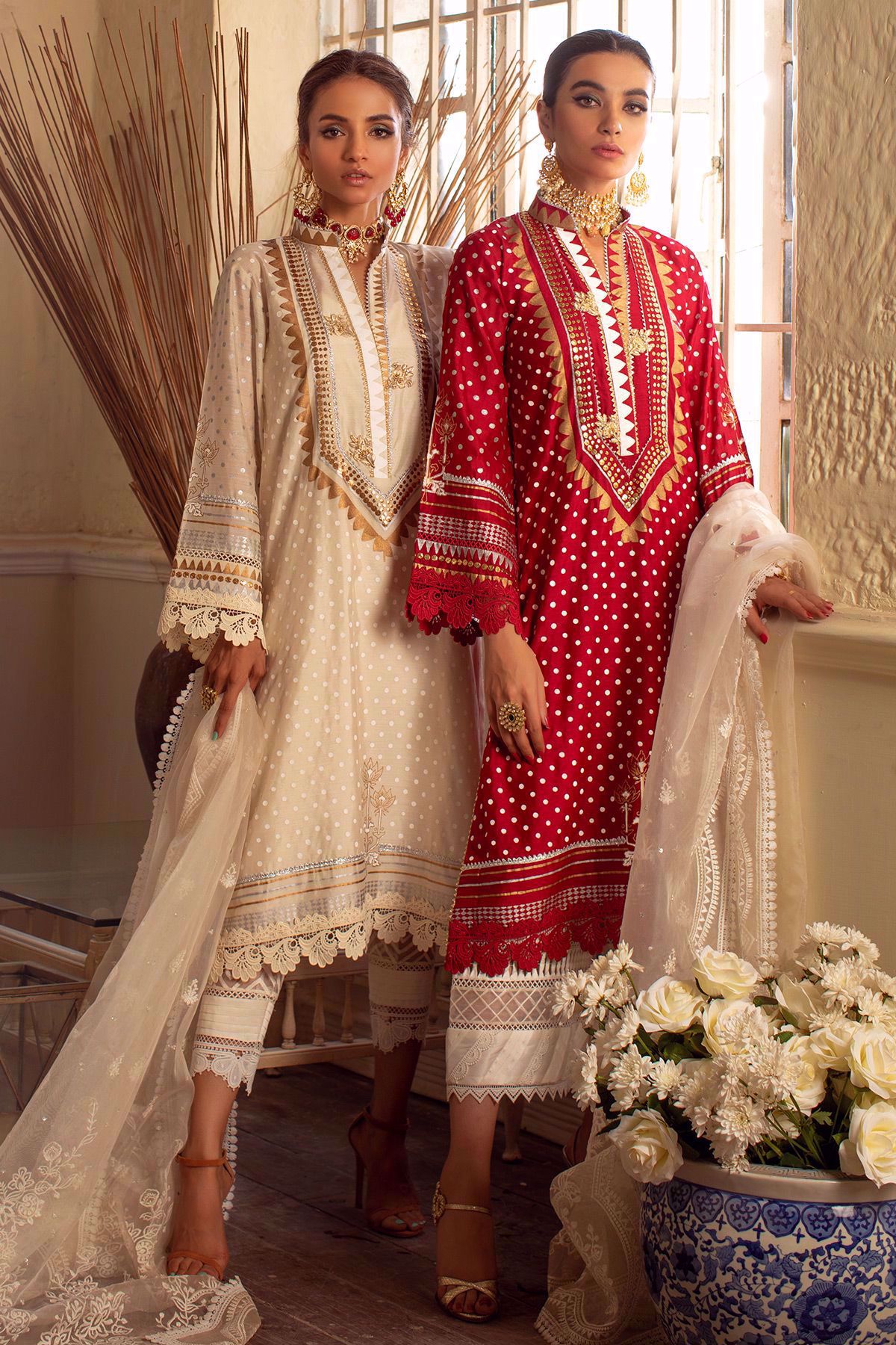 Pakistani Scarlet Kaamdani Khaadi Silk Salwar Kameez (3-Piece) - Image 5