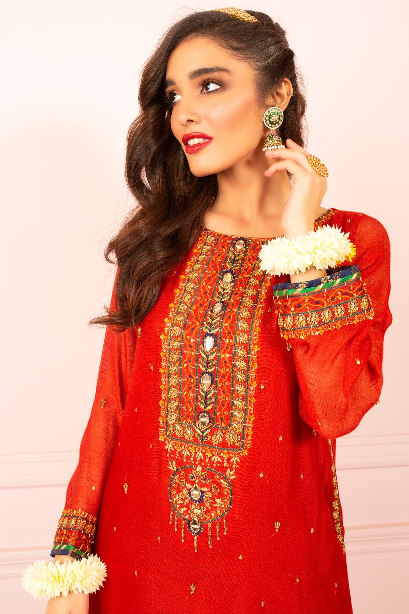Pakistani Red Embroidered Khaddi Net Salwar Kameez (3-Piece) - Image 1