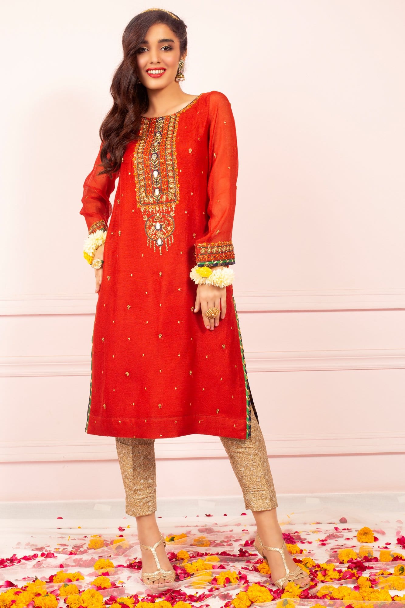 Pakistani Red Embroidered Khaddi Net Salwar Kameez (3-Piece) - Image 2