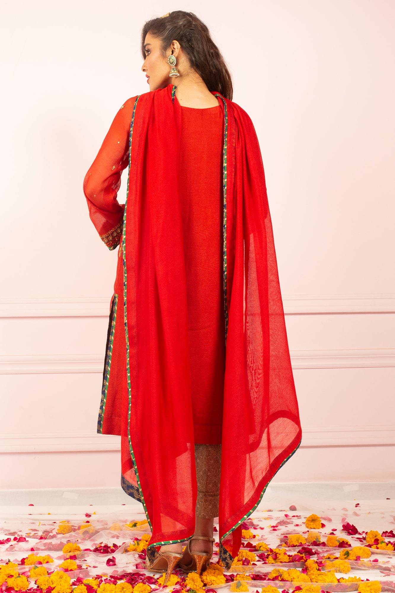 Pakistani Red Embroidered Khaddi Net Salwar Kameez (3-Piece) - Image 4