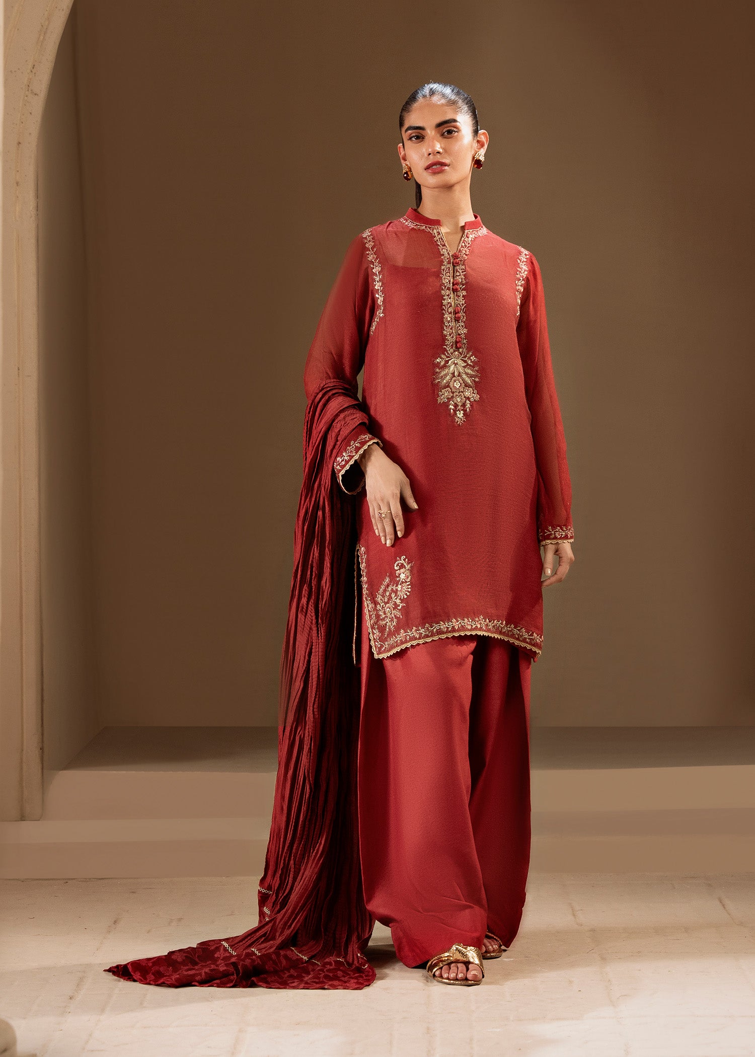 Brick Red Embroidered Khaddi Silk Kurta Set (3-Piece) - Image 1