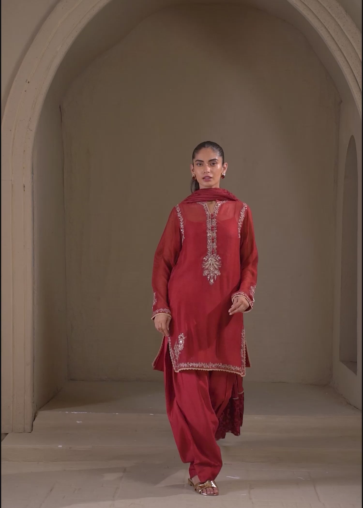 Brick Red Embroidered Khaddi Silk Kurta Set (3-Piece) - Image 12