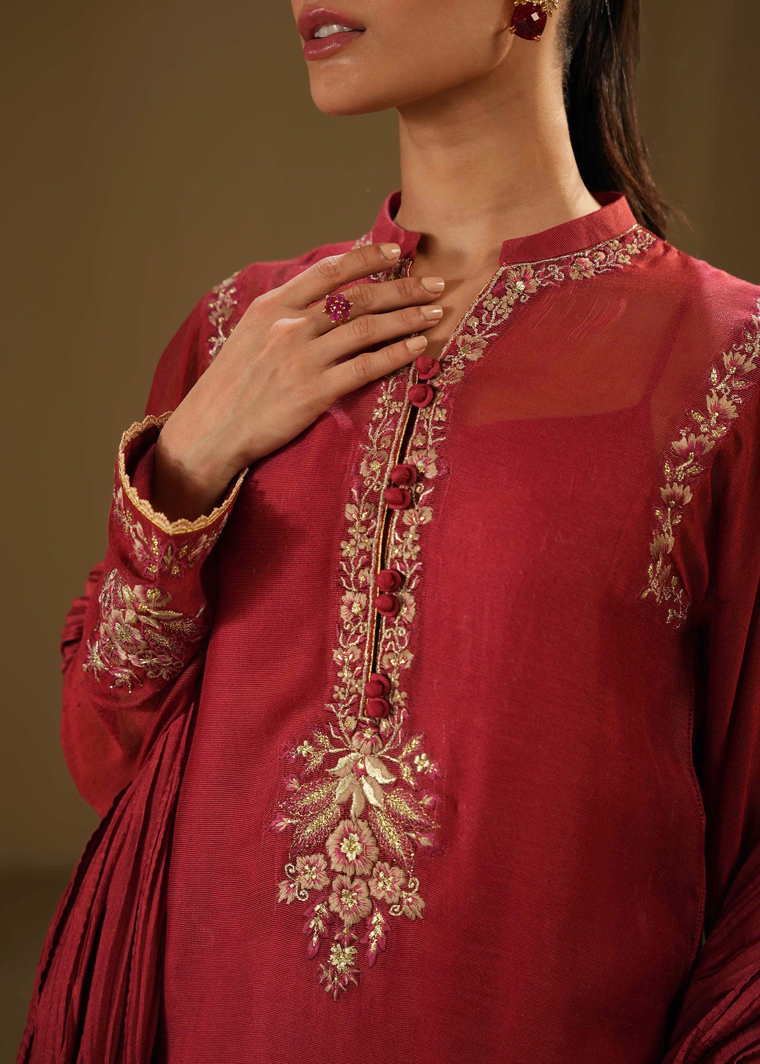 Brick Red Embroidered Khaddi Silk Kurta Set (3-Piece) - Image 2
