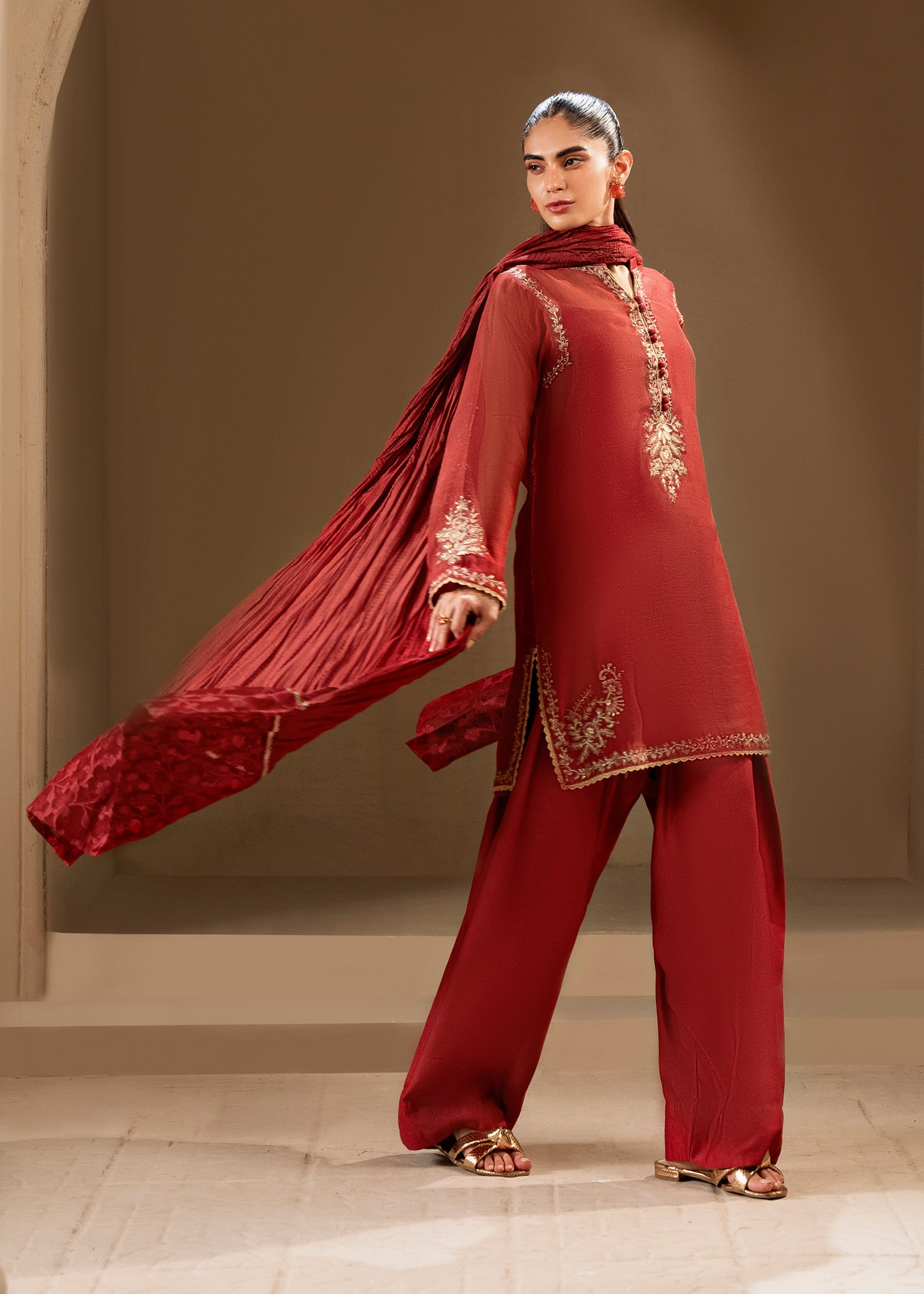 Brick Red Embroidered Khaddi Silk Kurta Set (3-Piece) - Image 5