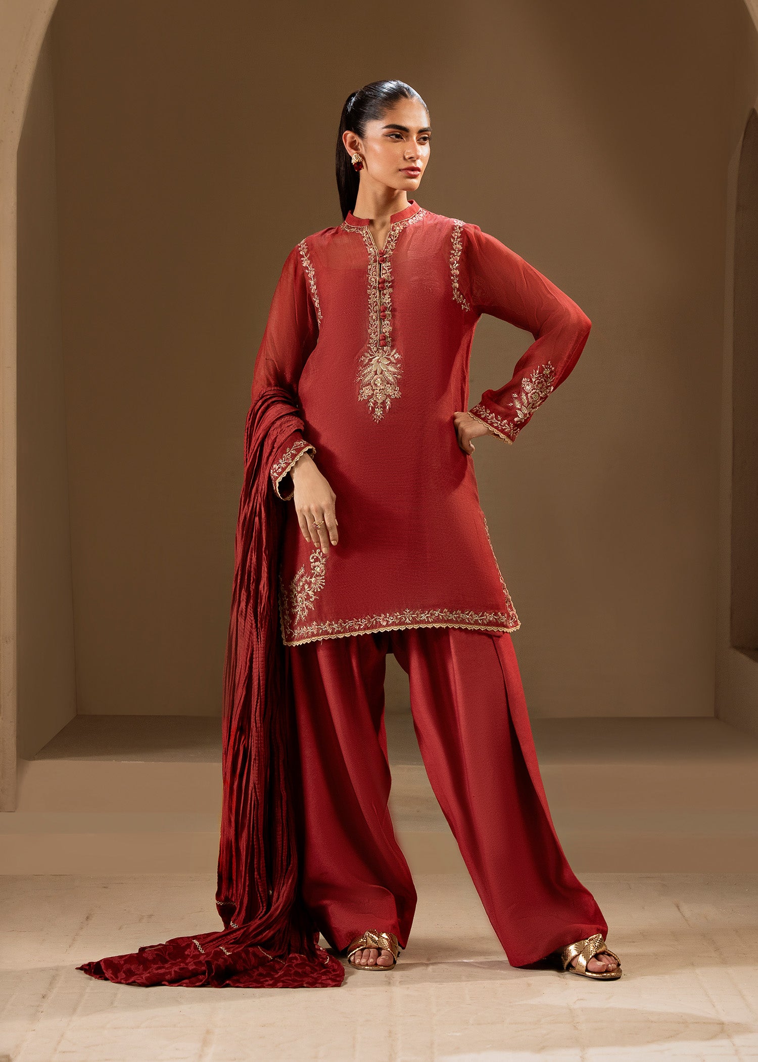 Brick Red Embroidered Khaddi Silk Kurta Set (3-Piece) - Image 6