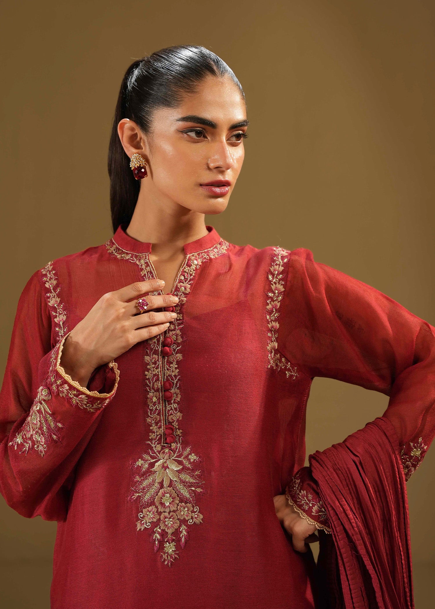 Brick Red Embroidered Khaddi Silk Kurta Set (3-Piece) - Image 9