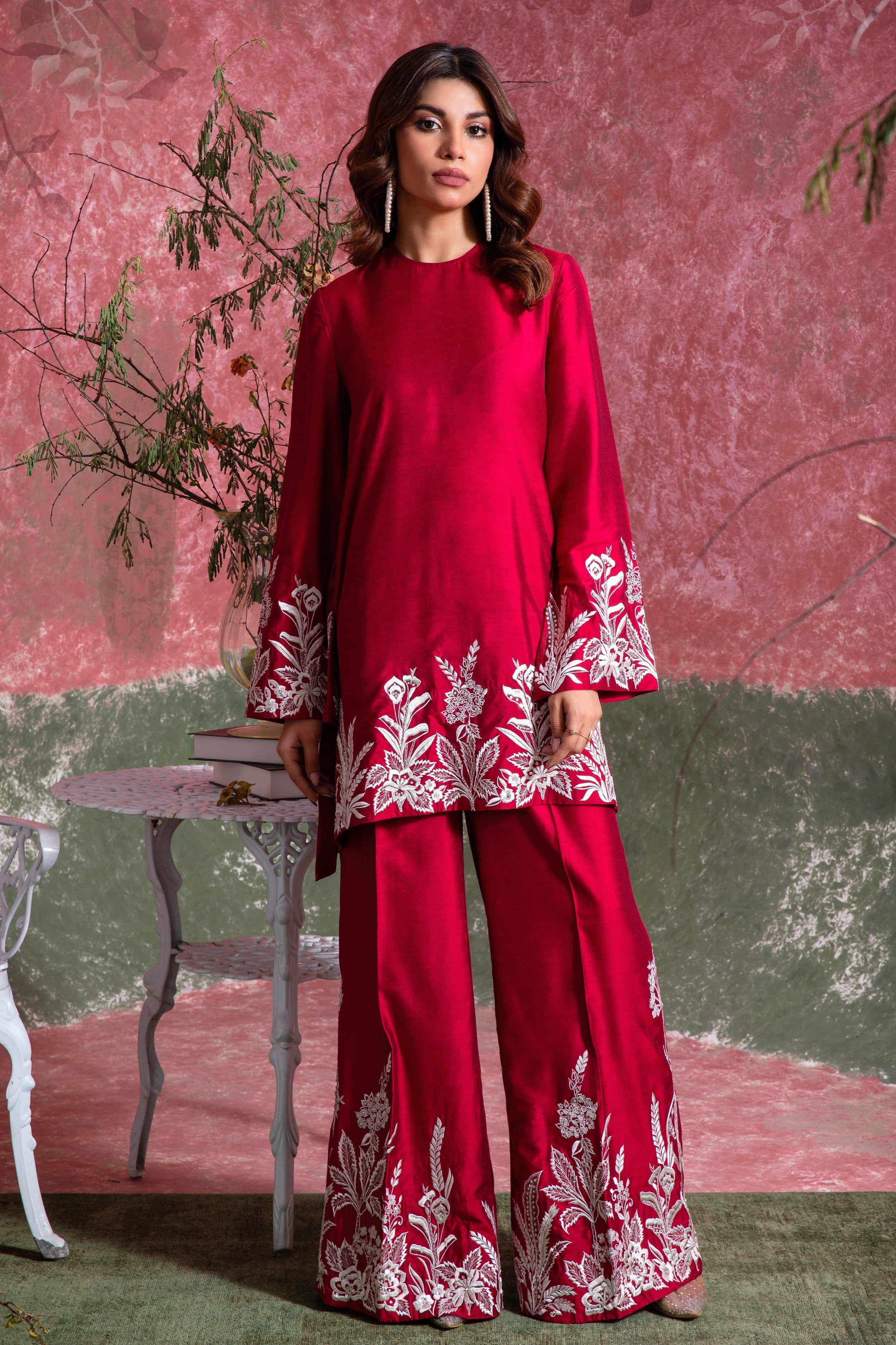 Pakistani Ribbon Red Embroidered Khadi Silk Salwar Kameez (2-Piece) - Image 1