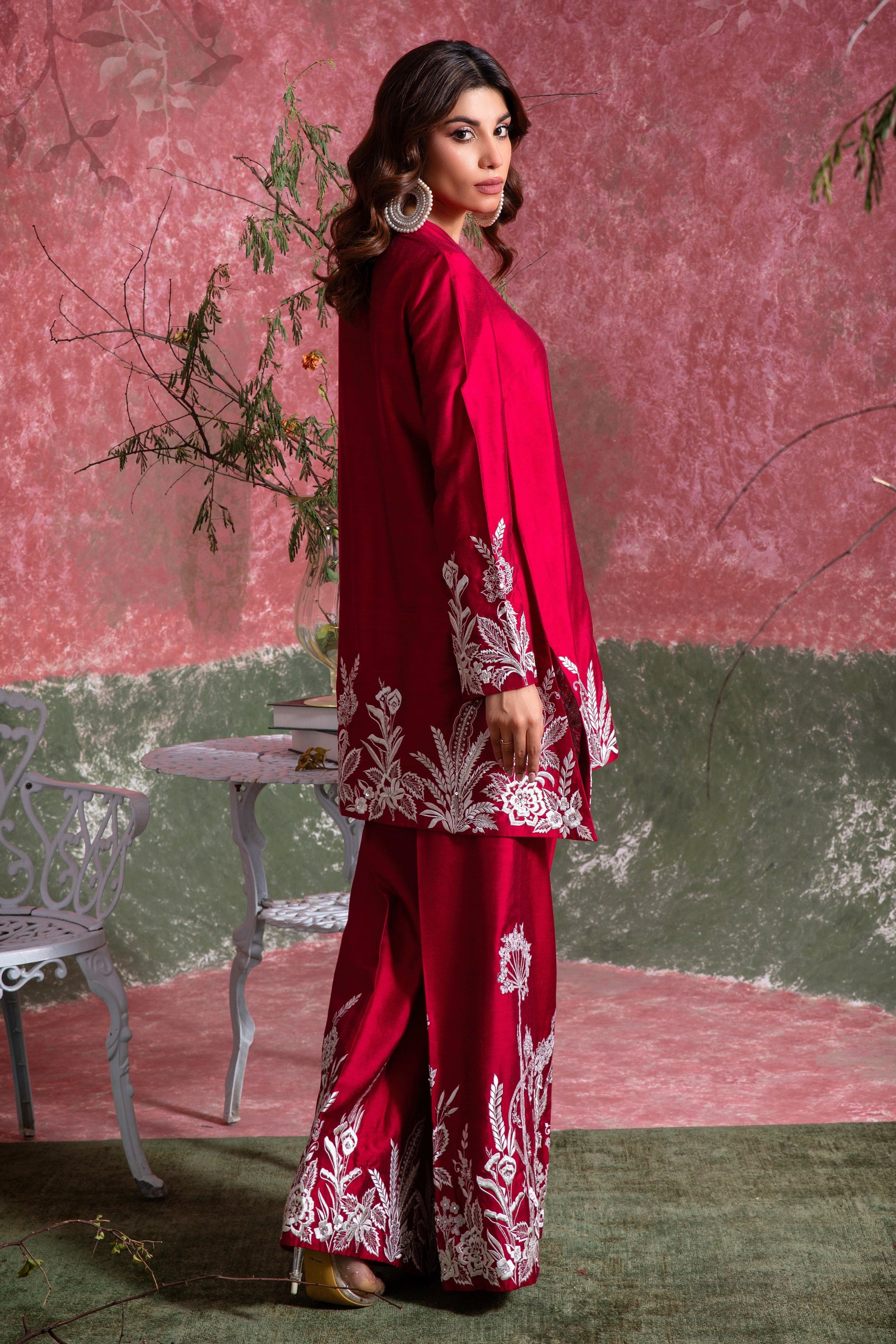 Pakistani Ribbon Red Embroidered Khadi Silk Salwar Kameez (2-Piece) - Image 4