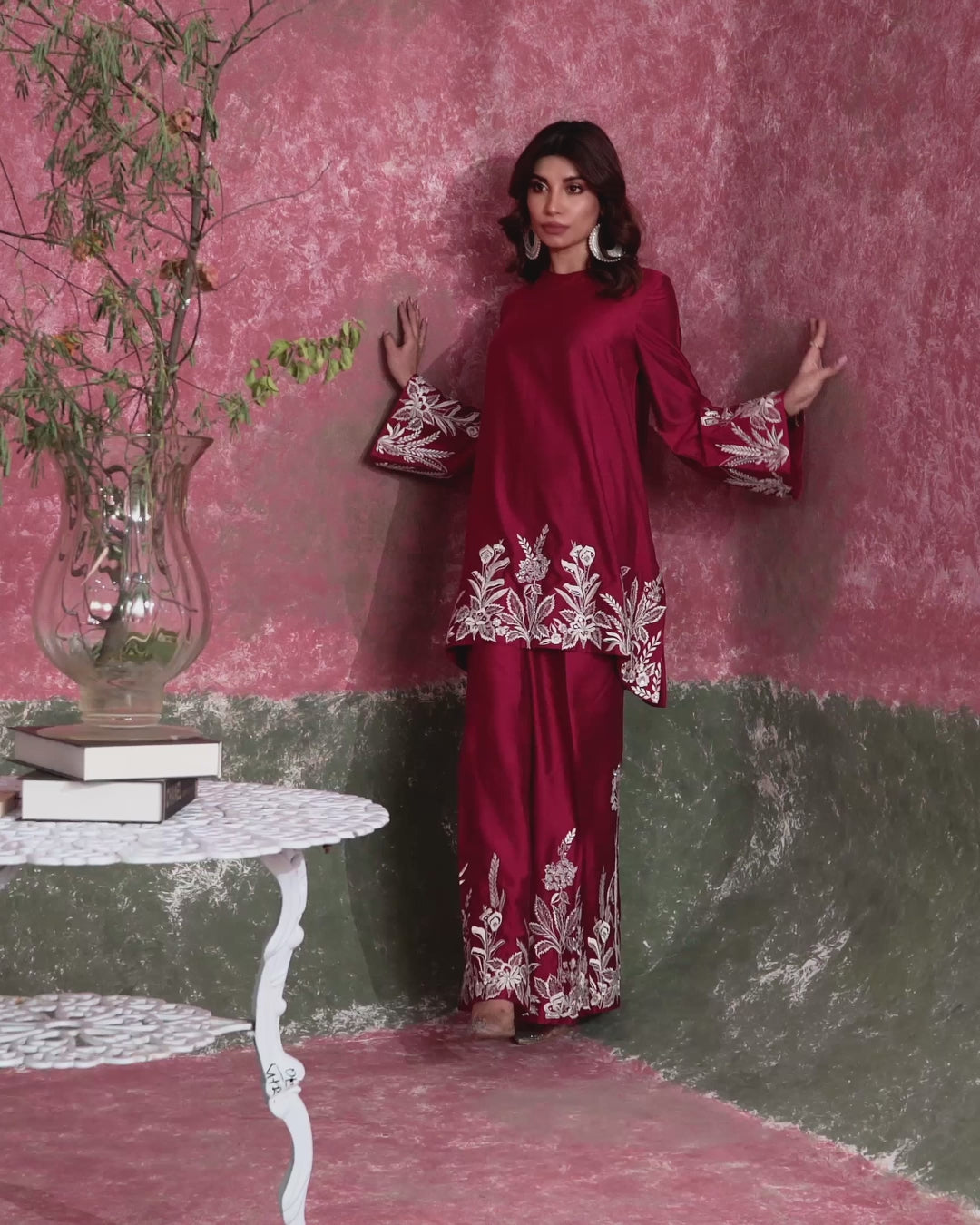 Pakistani Ribbon Red Embroidered Khadi Silk Salwar Kameez (2-Piece) - Image 5