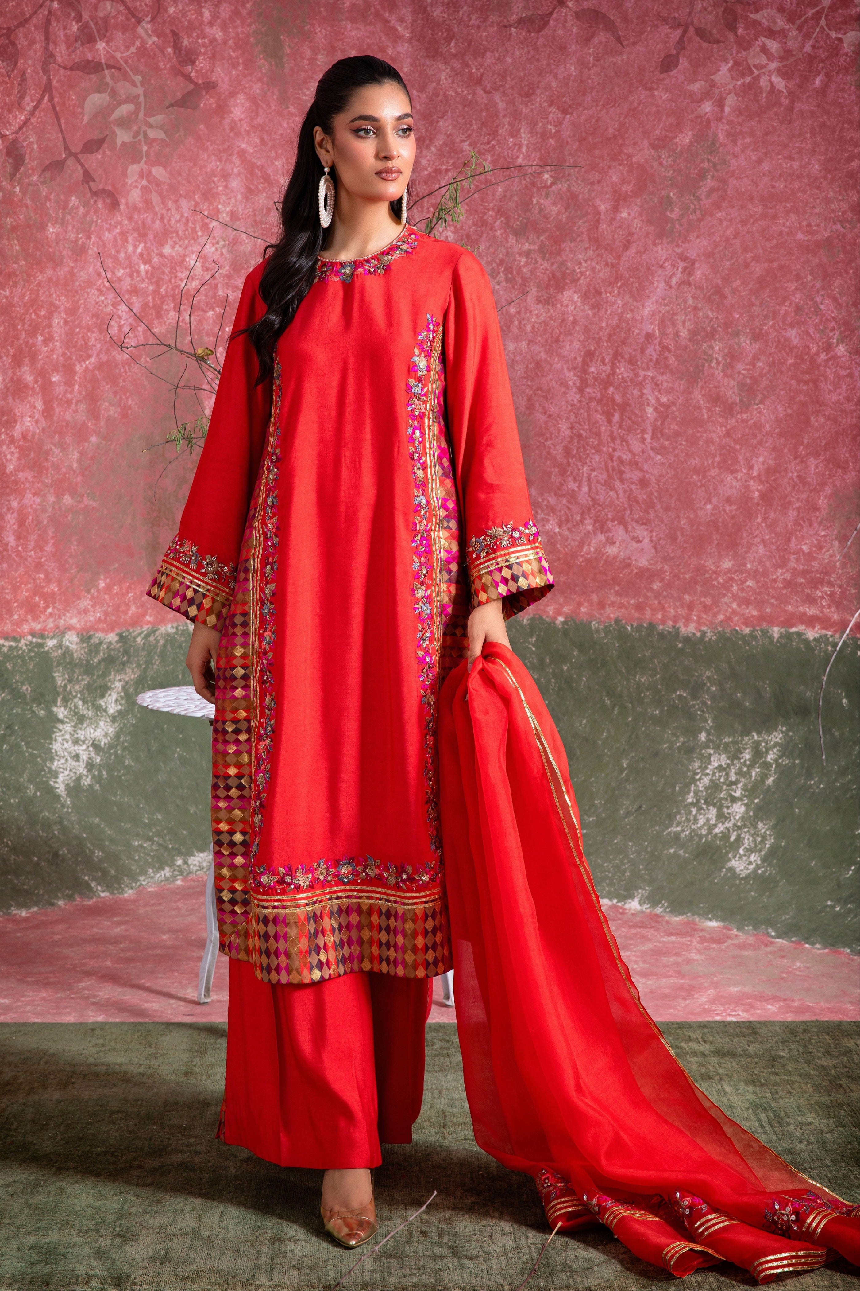Pakistani Grenadine Red Embroidered Khadi Silk Salwar Kameez (3-Piece) - Image 1