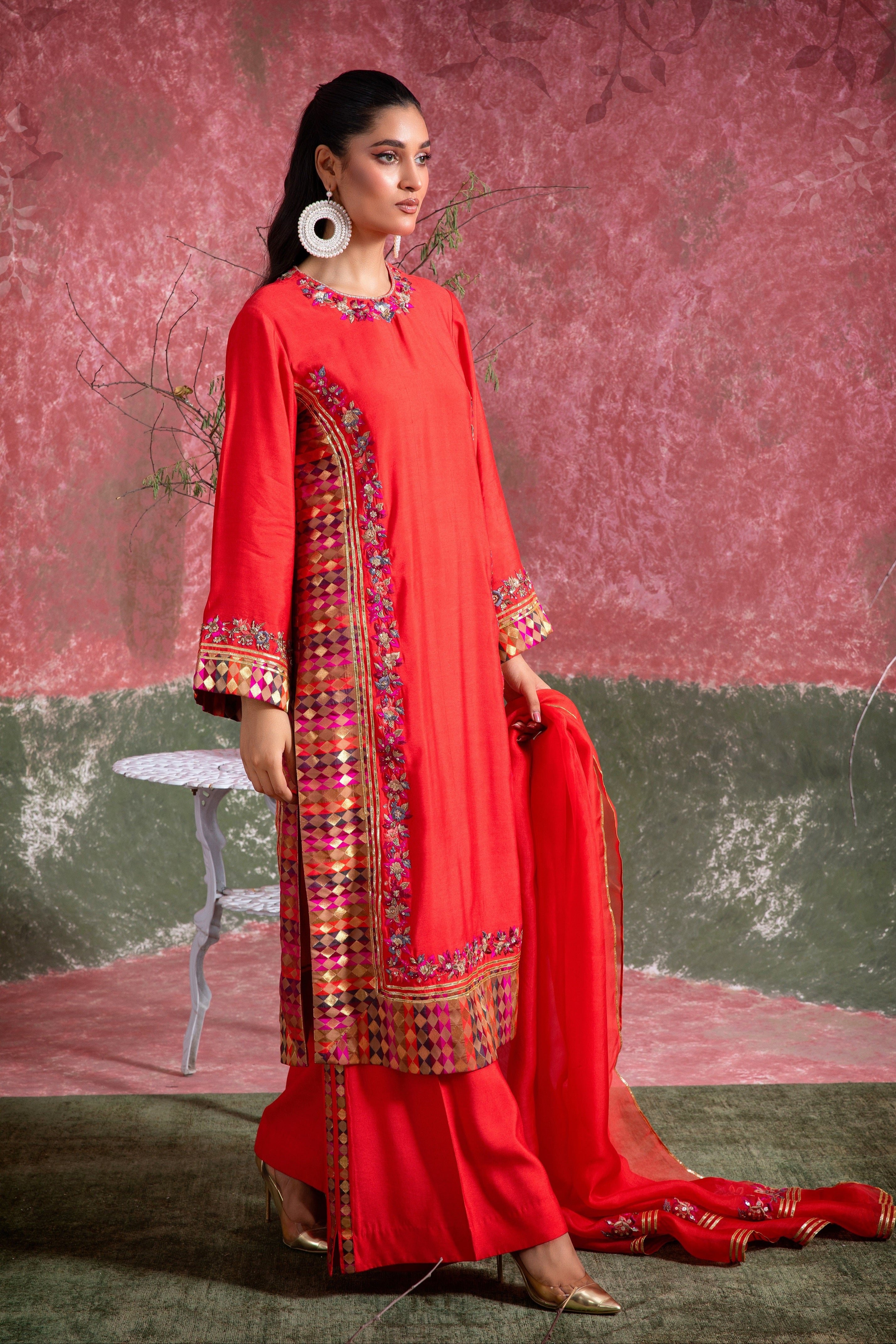 Pakistani Grenadine Red Embroidered Khadi Silk Salwar Kameez (3-Piece) - Image 2