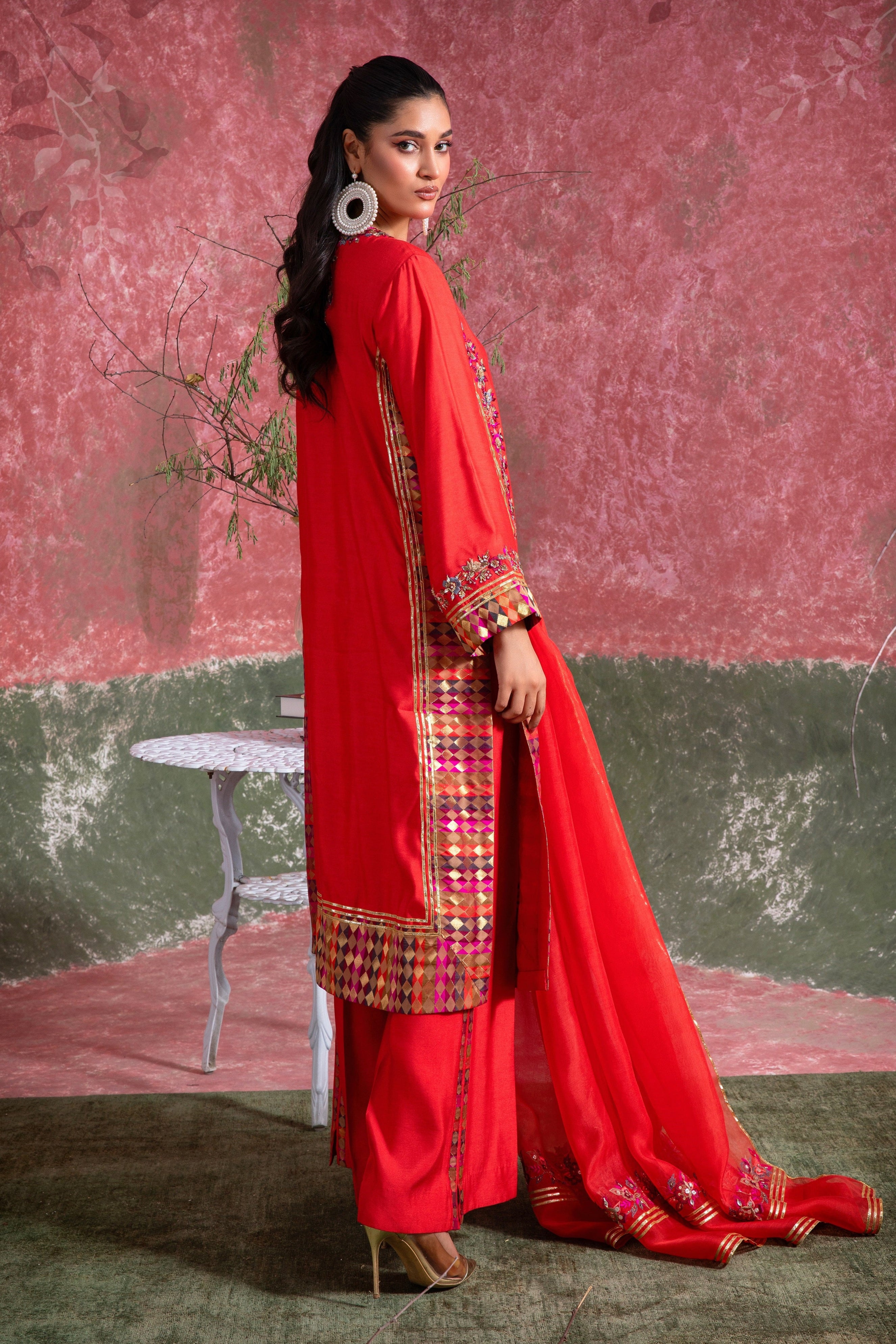 Pakistani Grenadine Red Embroidered Khadi Silk Salwar Kameez (3-Piece) - Image 3