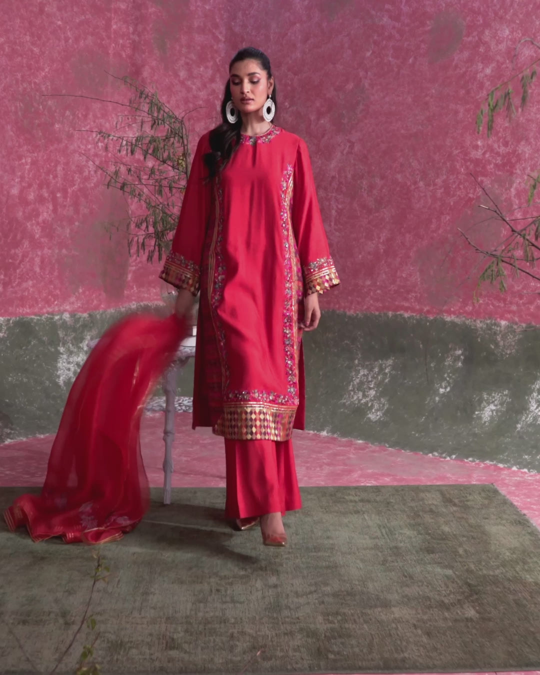 Pakistani Grenadine Red Embroidered Khadi Silk Salwar Kameez (3-Piece) - Image 4