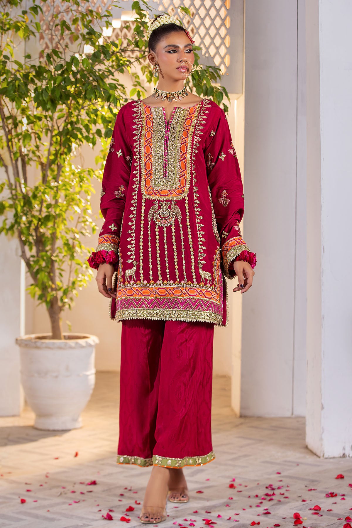 Pakistani Red Gota Zari Korean Silk Kurta Set (2-Piece) - Image 1
