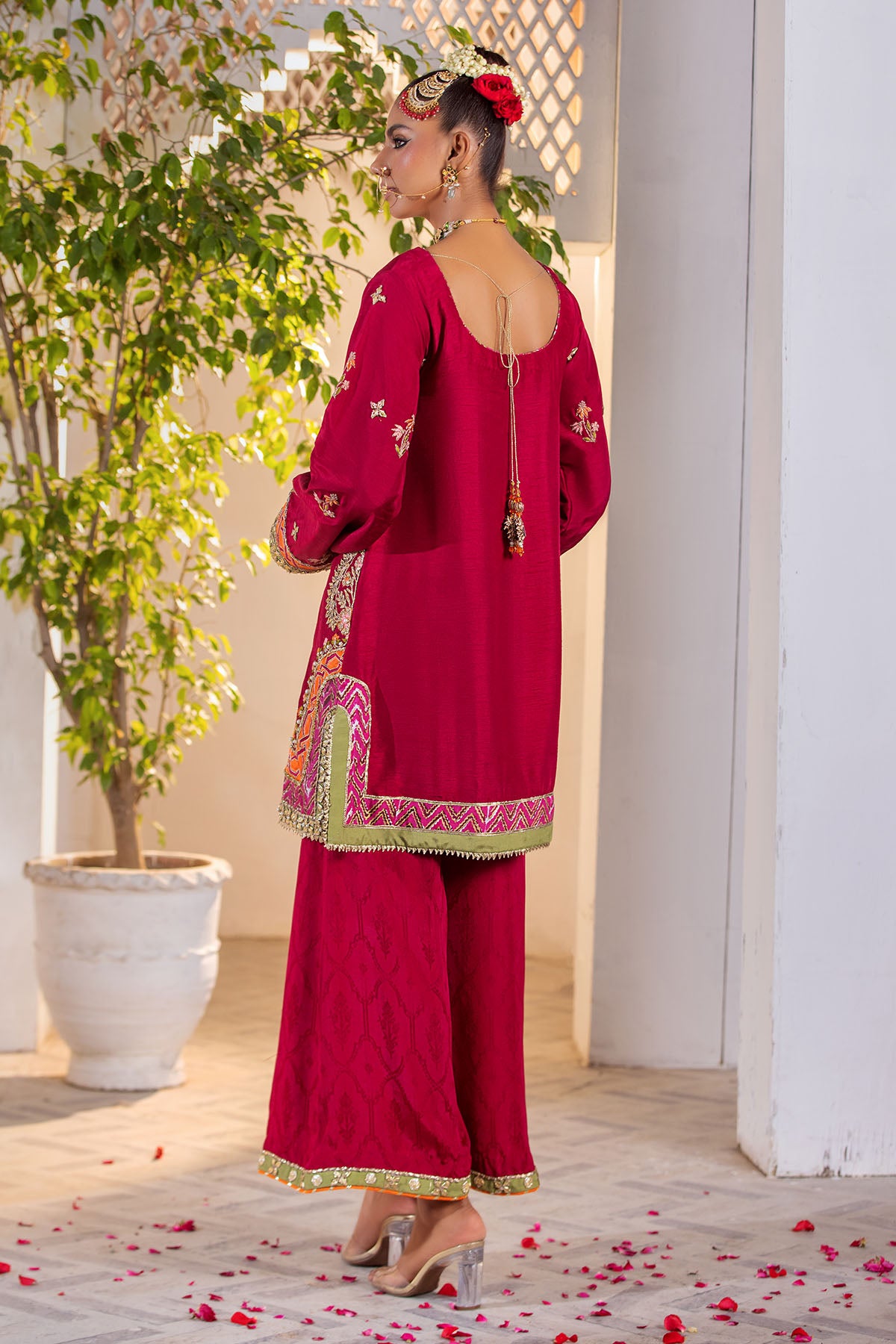 Pakistani Red Gota Zari Korean Silk Kurta Set (2-Piece) - Image 2