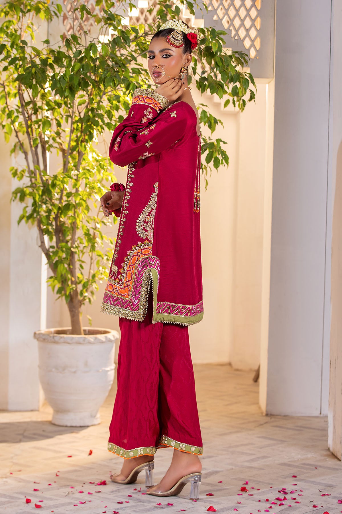 Pakistani Red Gota Zari Korean Silk Kurta Set (2-Piece) - Image 3