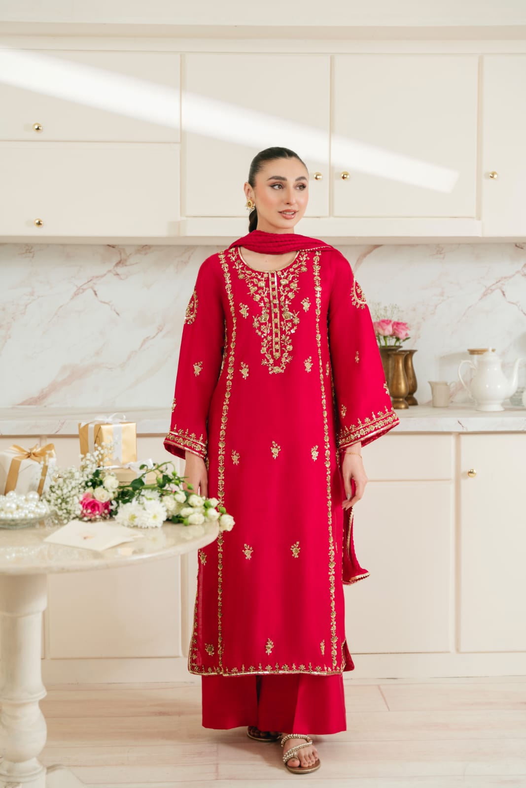 Pakistani Ruby Red Hand Ada Embroidered Korean Silk Kameez (3-Piece) - Image 1