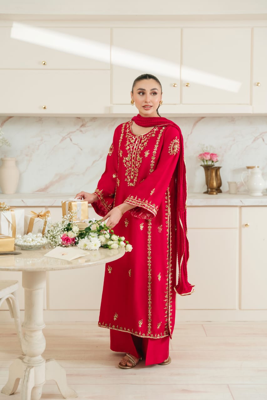 Pakistani Ruby Red Hand Ada Embroidered Korean Silk Kameez (3-Piece) - Image 2