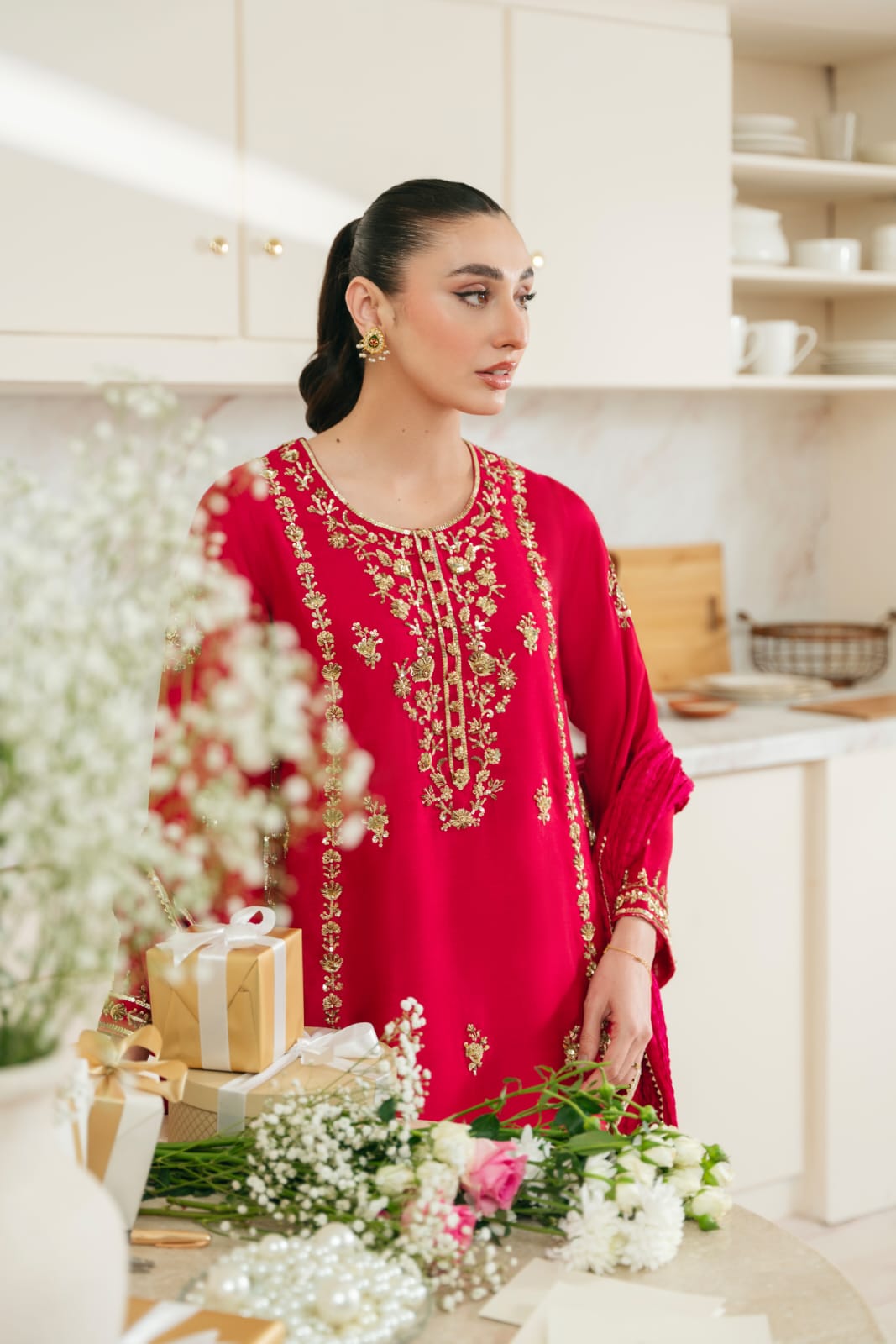 Pakistani Ruby Red Hand Ada Embroidered Korean Silk Kameez (3-Piece) - Image 3
