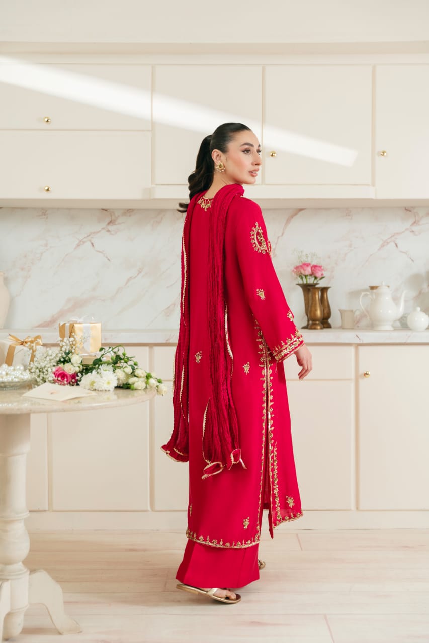 Pakistani Ruby Red Hand Ada Embroidered Korean Silk Kameez (3-Piece) - Image 5