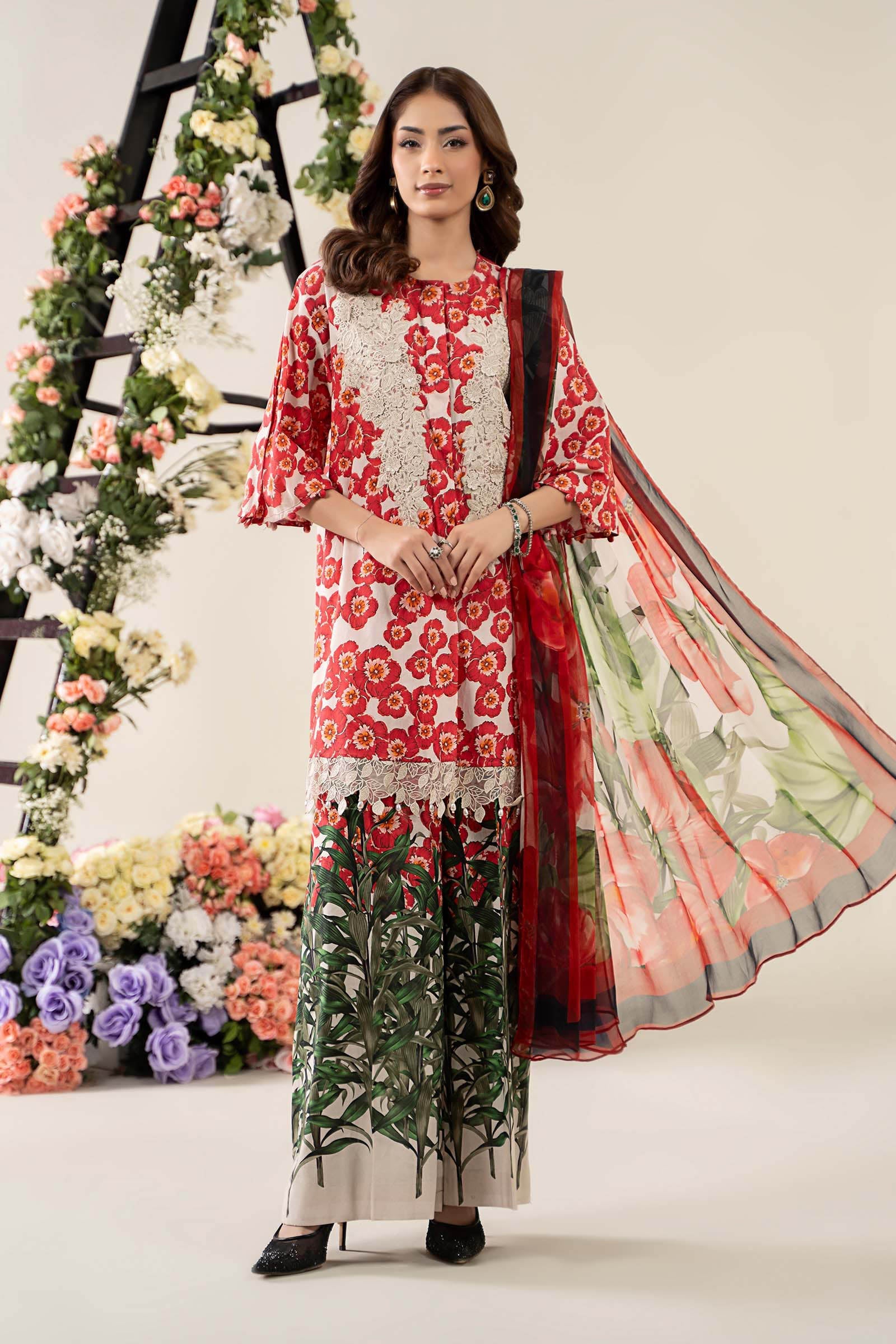 Pakistani Off-White & Red Embroidered Lawn 3-Piece Suit - Image 1