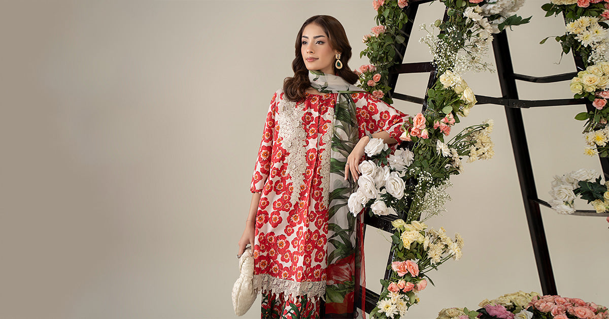 Pakistani Off-White & Red Embroidered Lawn 3-Piece Suit - Image 10