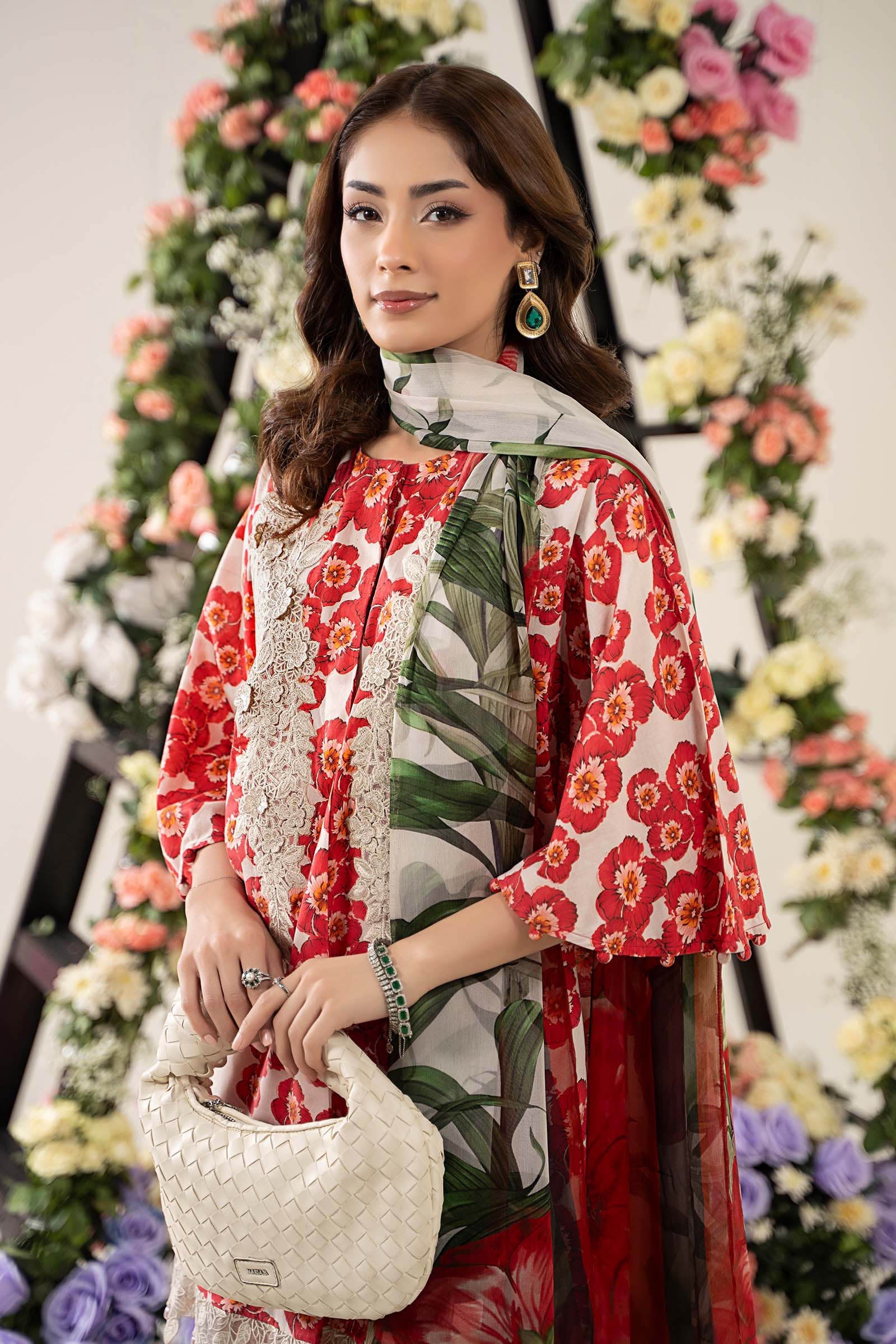 Pakistani Off-White & Red Embroidered Lawn 3-Piece Suit - Image 3