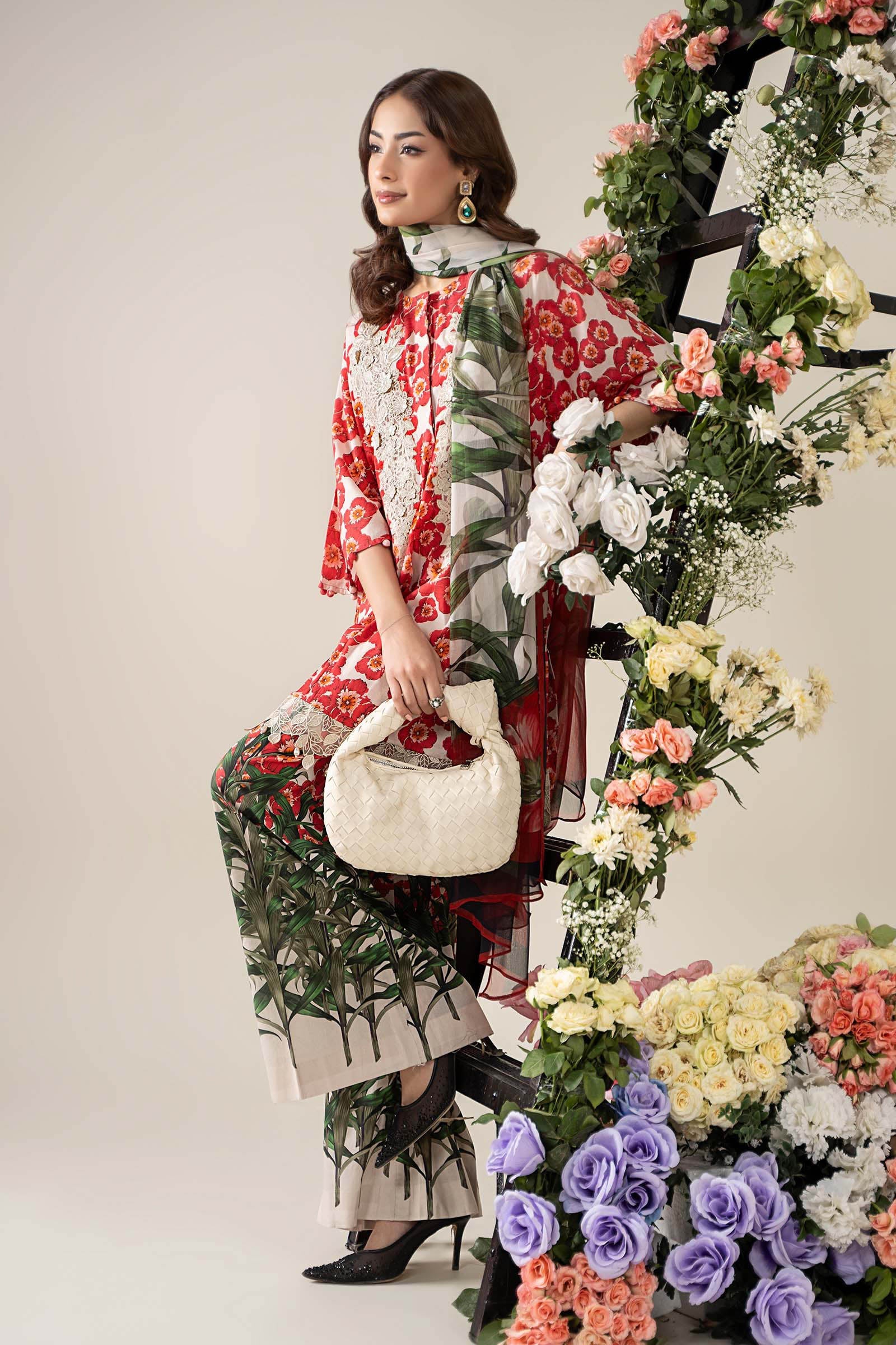 Pakistani Off-White & Red Embroidered Lawn 3-Piece Suit - Image 4