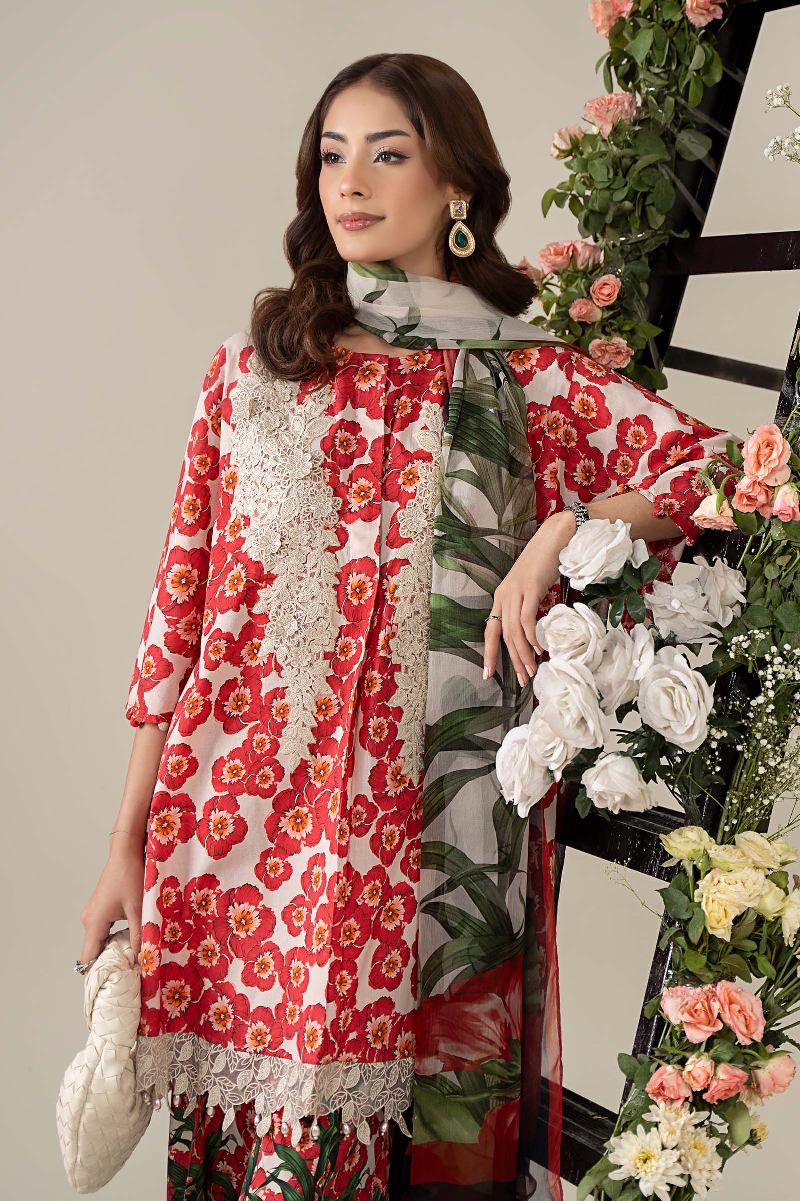 Pakistani Off-White & Red Embroidered Lawn 3-Piece Suit - Image 5