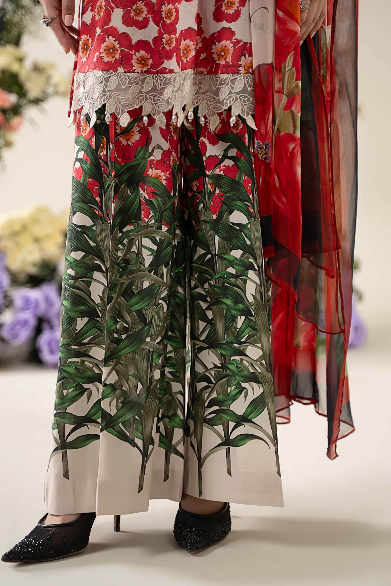 Pakistani Off-White & Red Embroidered Lawn 3-Piece Suit - Image 7