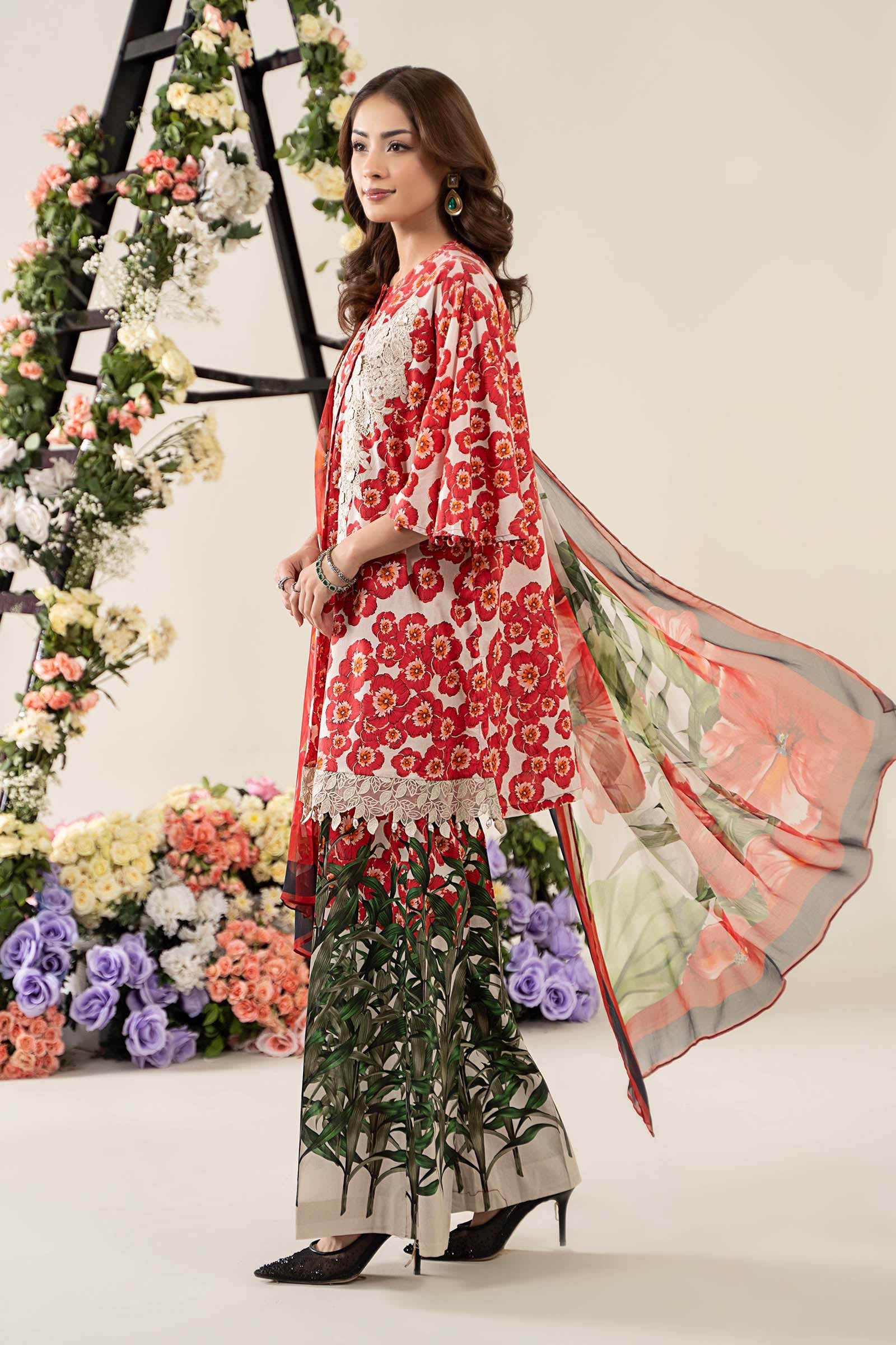 Pakistani Off-White & Red Embroidered Lawn 3-Piece Suit - Image 8