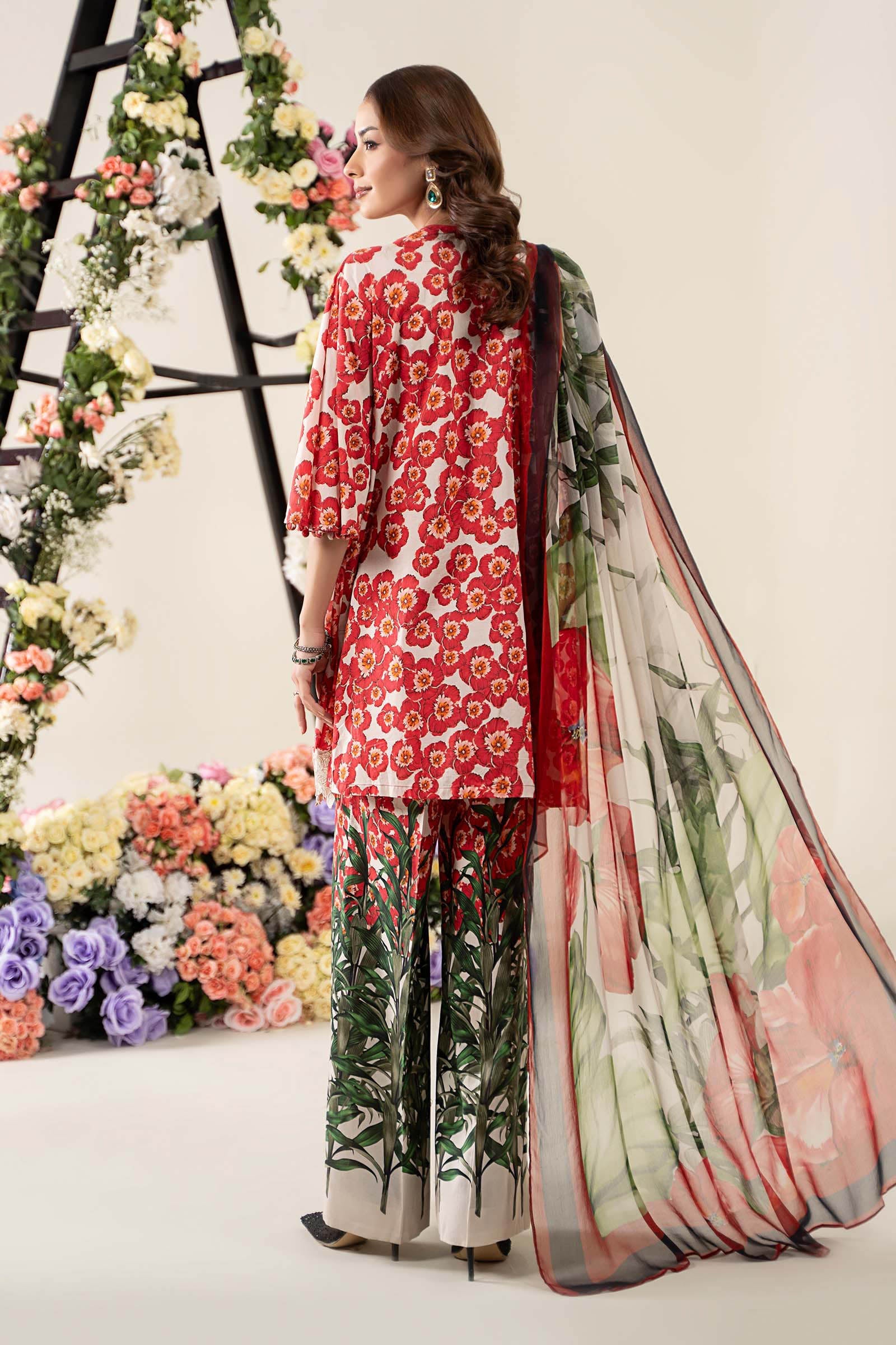 Pakistani Off-White & Red Embroidered Lawn 3-Piece Suit - Image 9