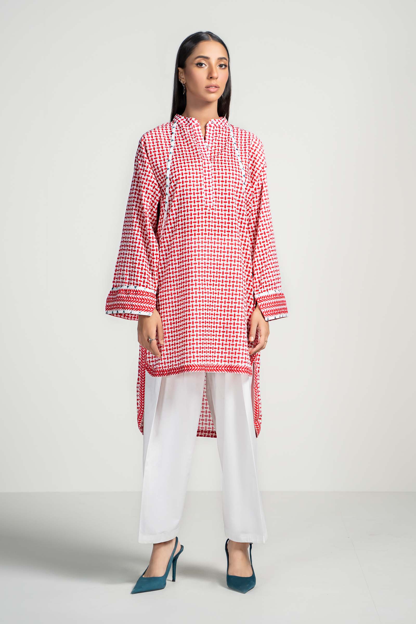 Pakistani Red Printed Lawn Salwar Kameez (2-Piece) - Image 1