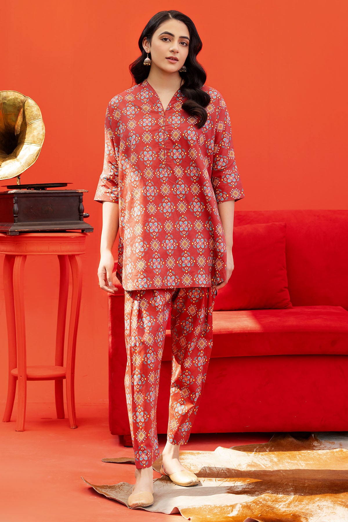 Rust Red Digital Printed Lawn Salwar Kameez (2-Piece) - Image 1