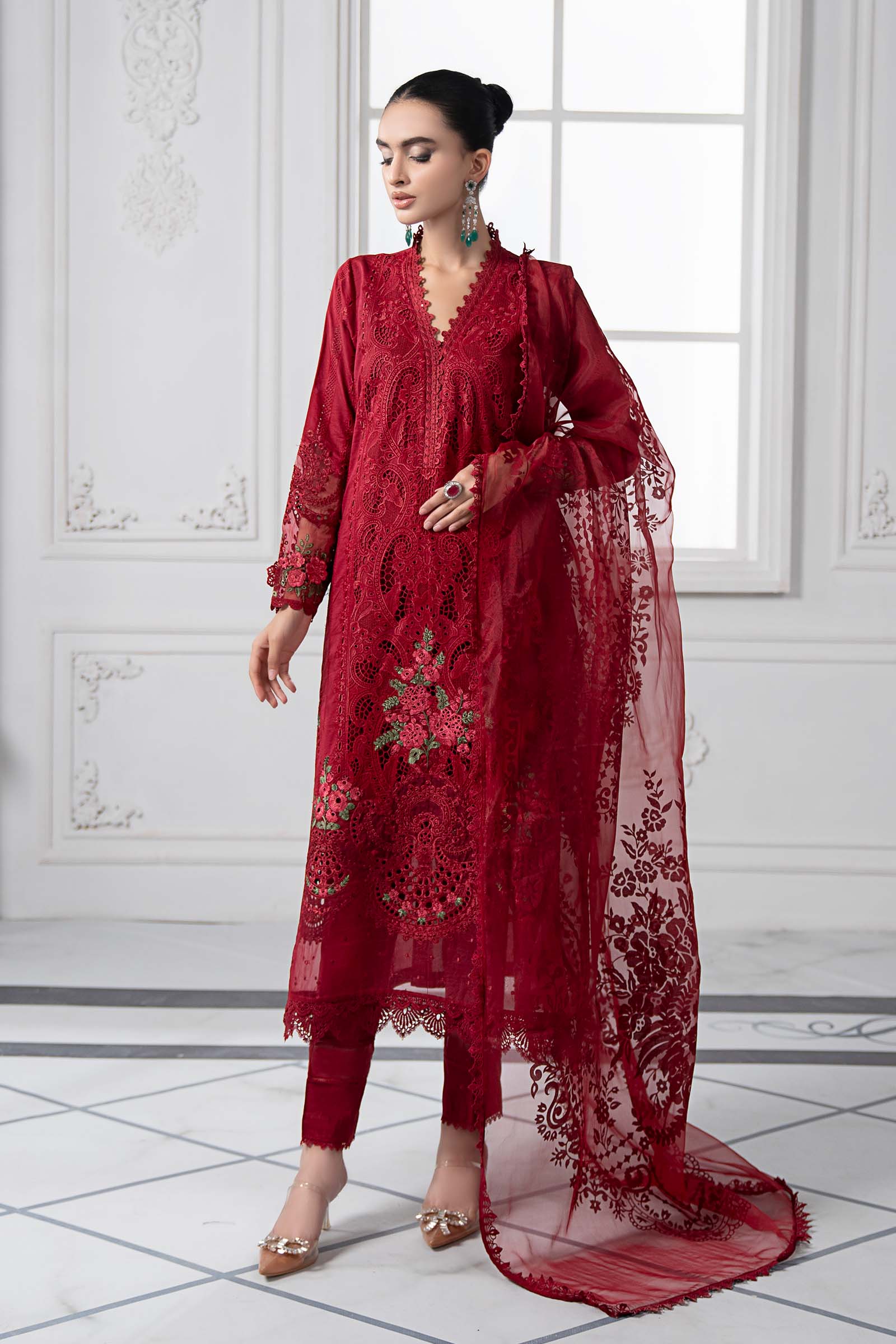 Pakistani Red Embroidered Lawn & Organza Straight-Cut Suit (3-Piece) - Image 2