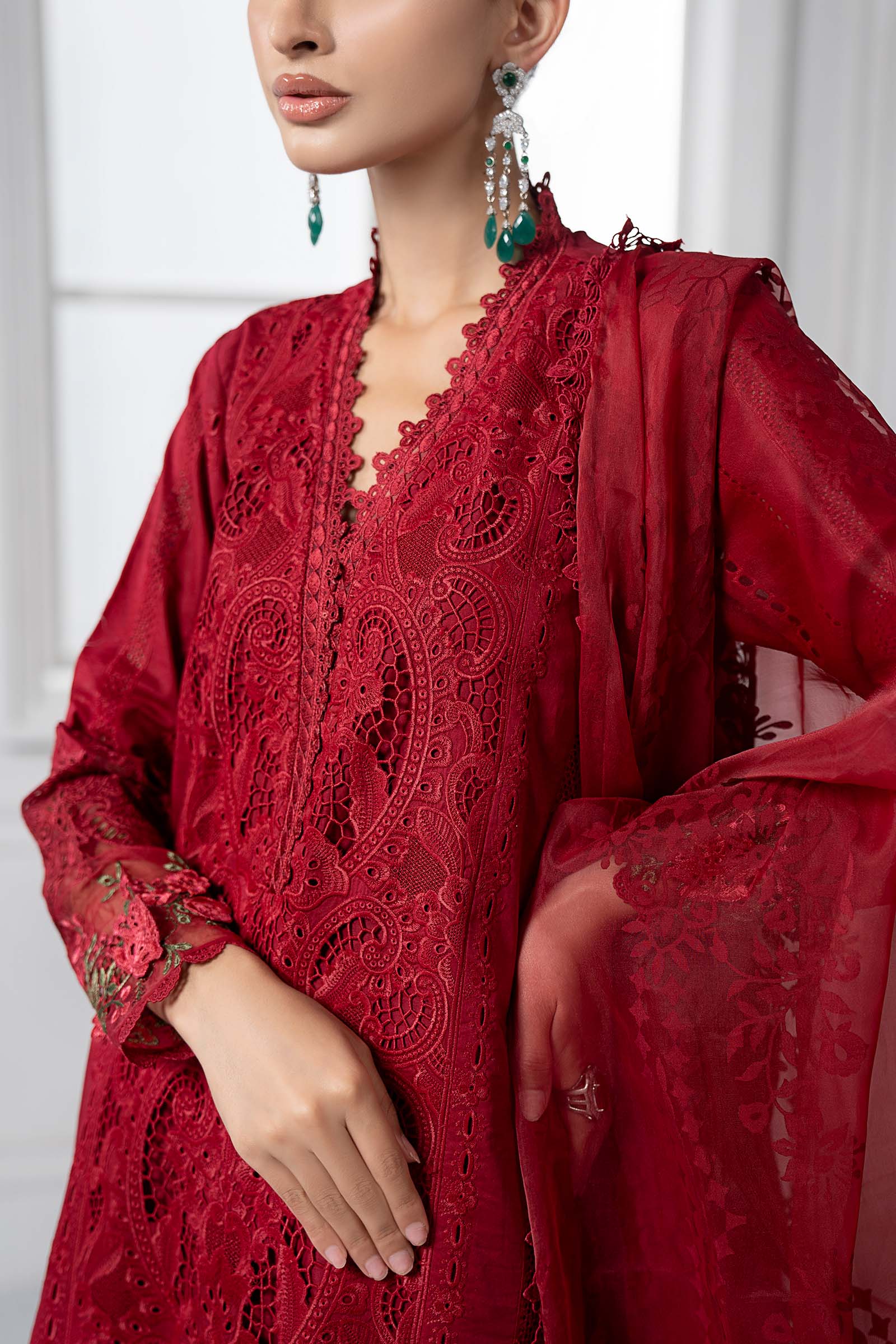 Pakistani Red Embroidered Lawn & Organza Straight-Cut Suit (3-Piece) - Image 5