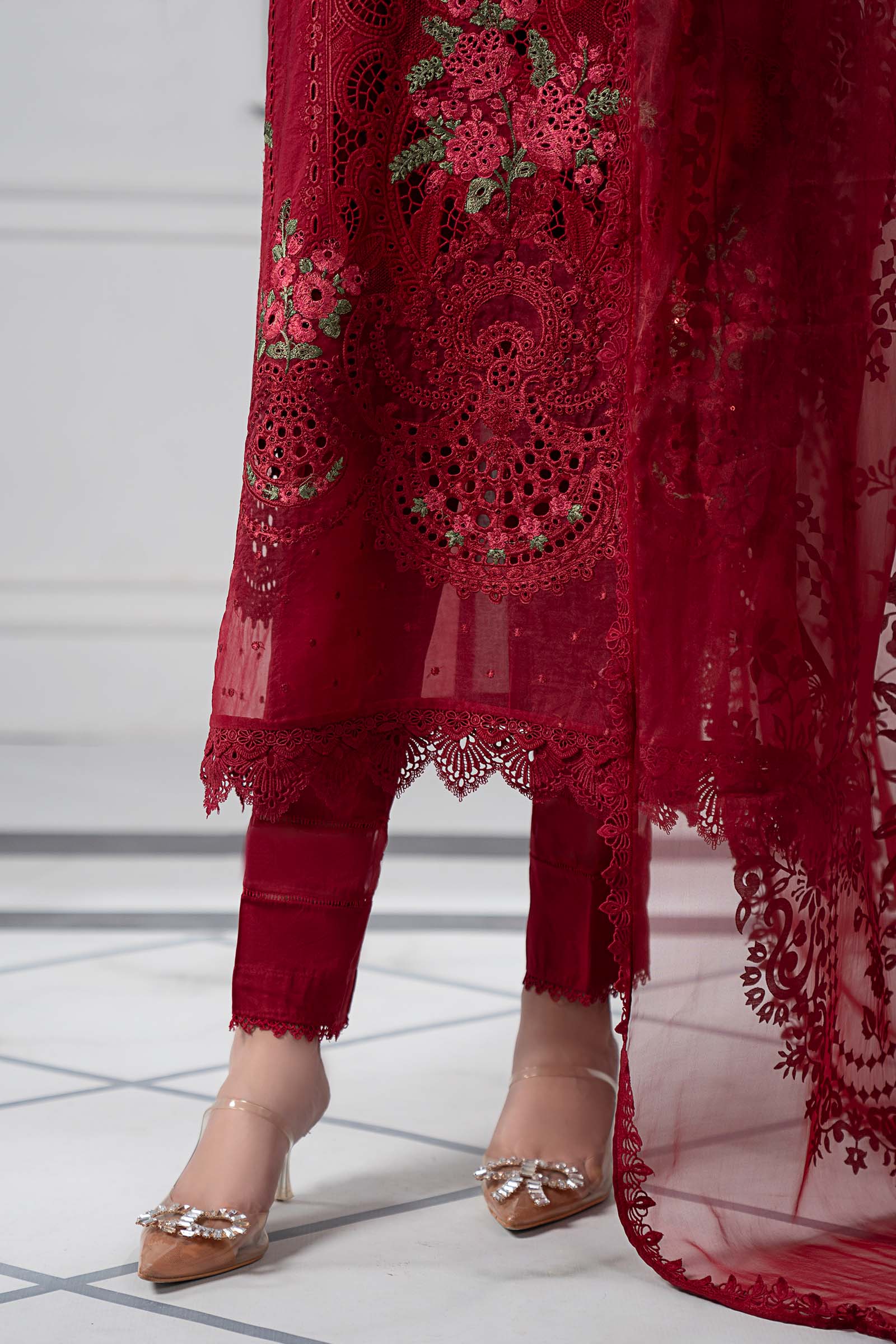 Pakistani Red Embroidered Lawn & Organza Straight-Cut Suit (3-Piece) - Image 6