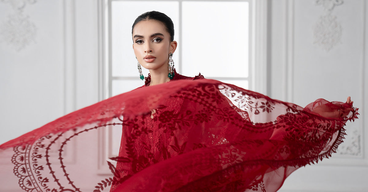 Pakistani Red Embroidered Lawn & Organza Straight-Cut Suit (3-Piece) - Image 8
