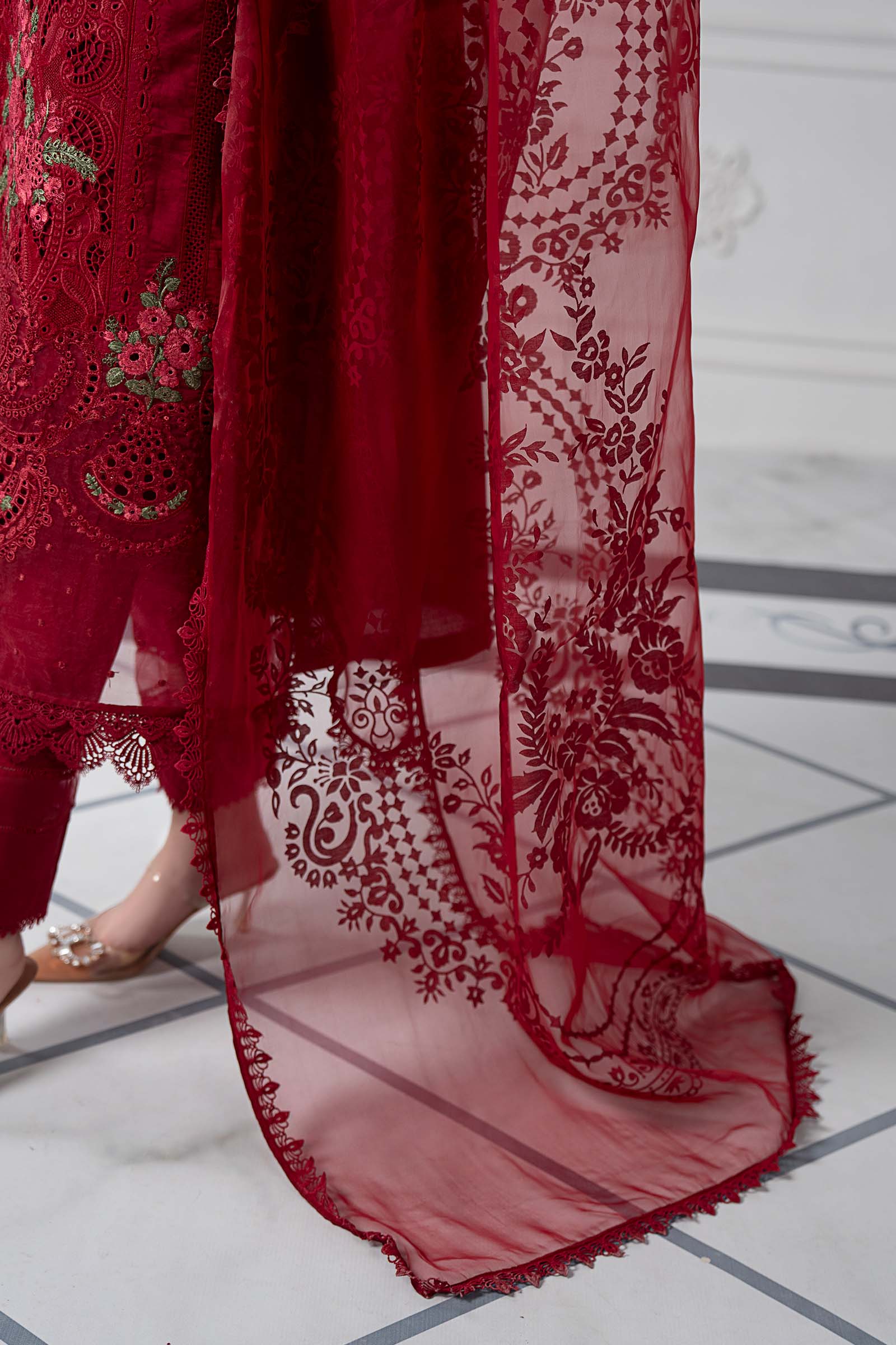 Pakistani Red Embroidered Lawn & Organza Straight-Cut Suit (3-Piece) - Image 9