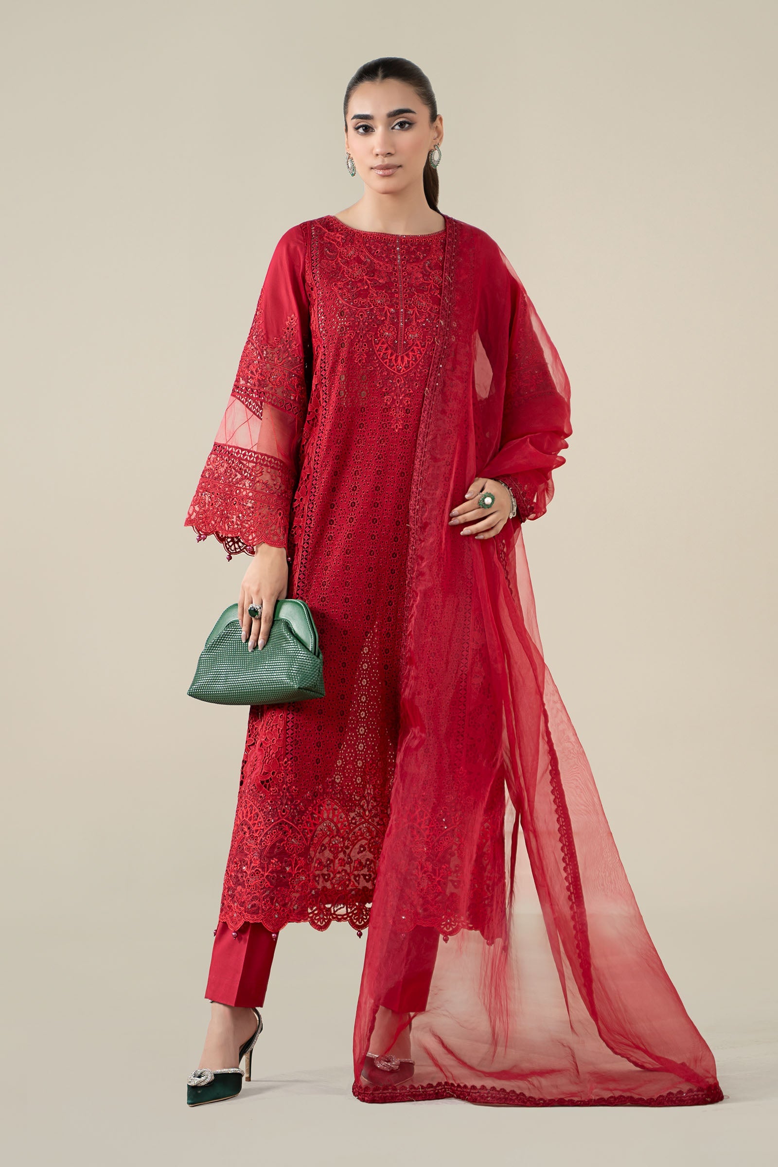 Red Schiffli Embroidered Lawn 3-Piece Suit - Image 1